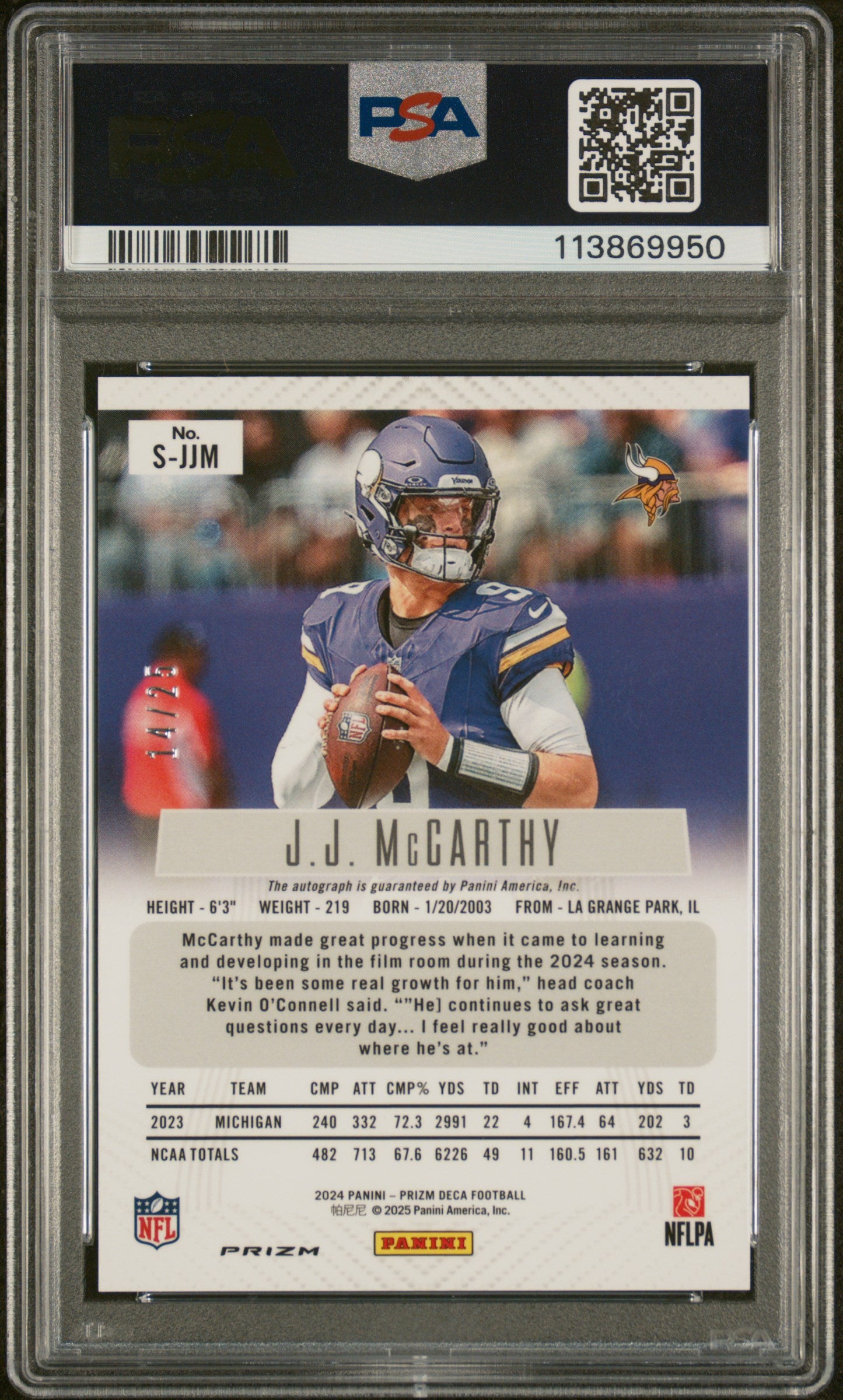 2024 Panini Prizm Deca Signature Mojo JJ McCarthy #S-JJM RC Auto /25 PSA 10