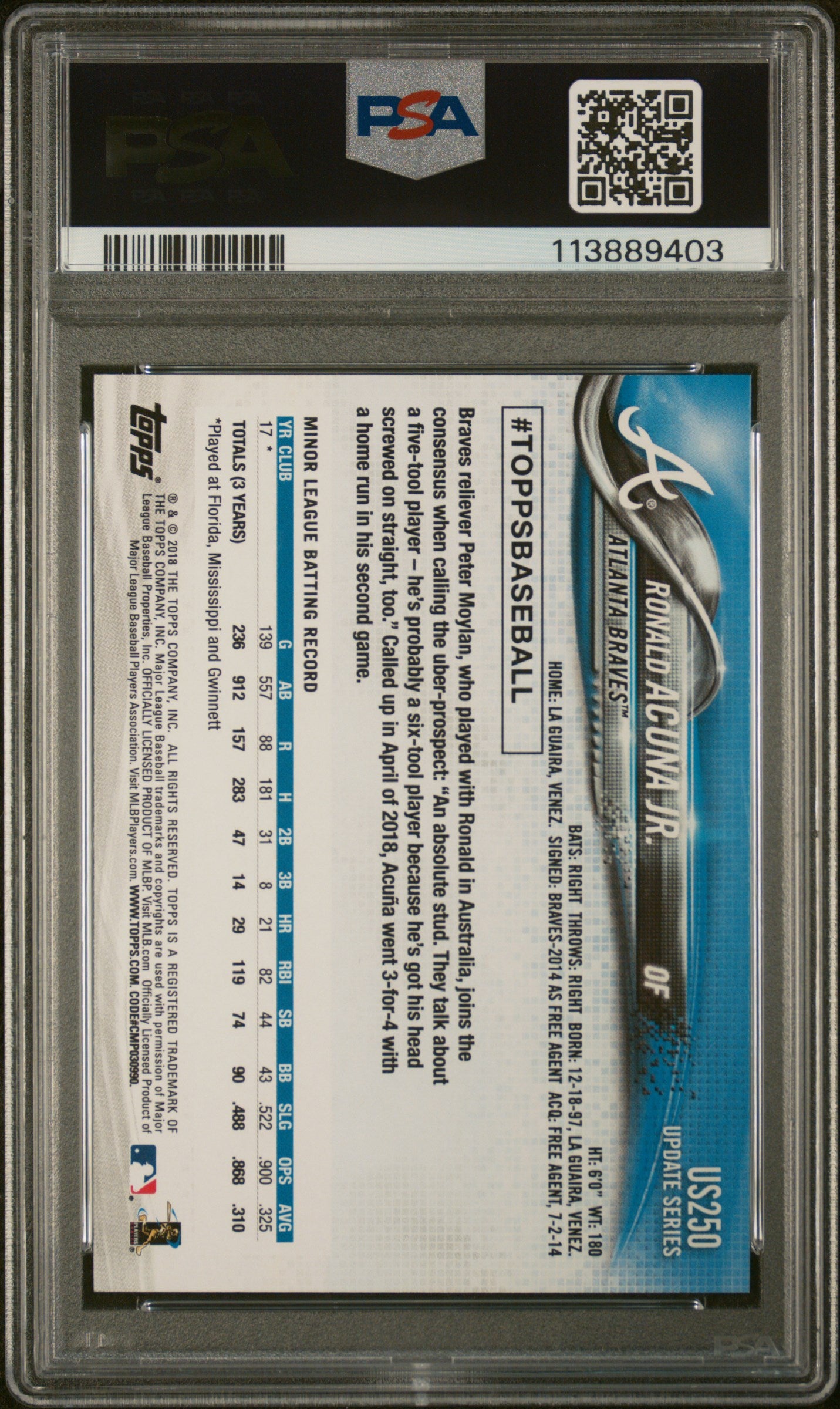 2018 Topps Update Ronald Acuna Jr. #US250 RC PSA 10