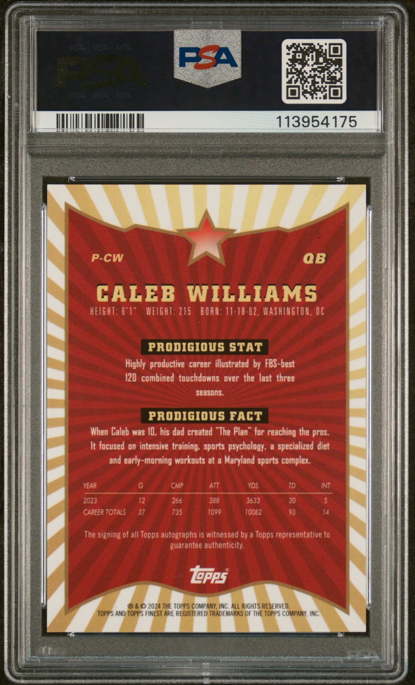 2024 Topps Finest Prodigies Autograph Caleb Williams #P-CW RC Auto PSA 10