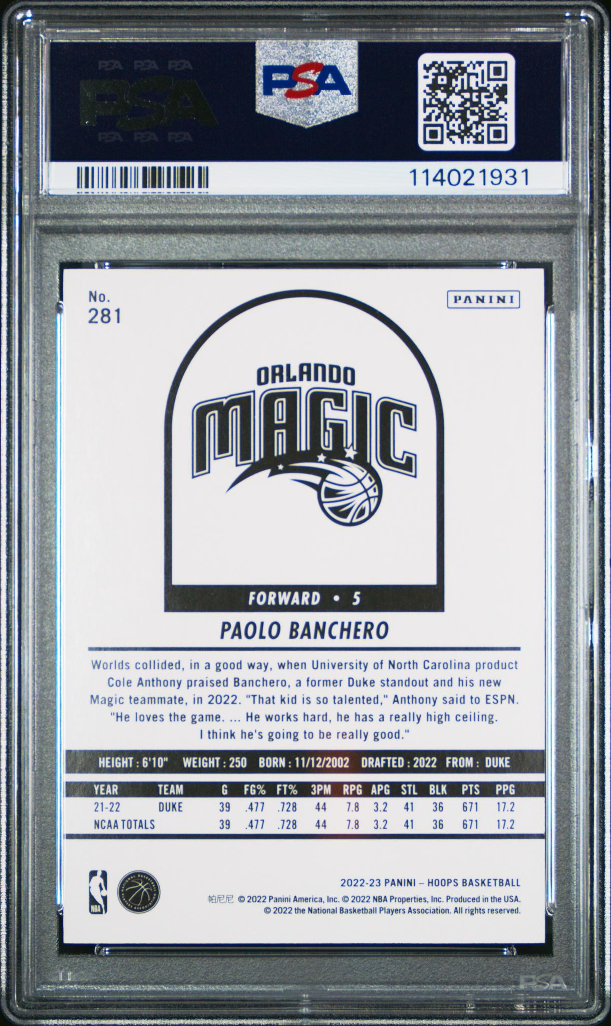 2022 Panini NBA Hoops Silver Paolo Banchero #281 /199 PSA 9