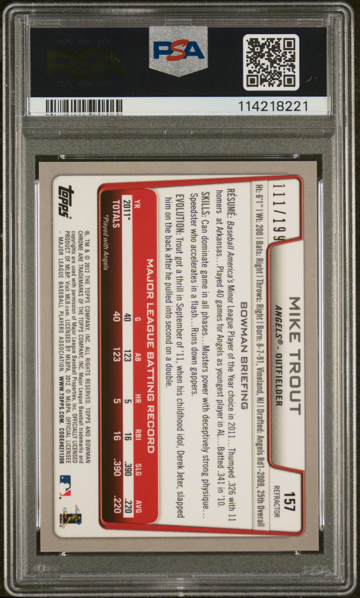 2012 Bowman Chrome Purple Refractor Mike Trout #157 /199 PSA 9