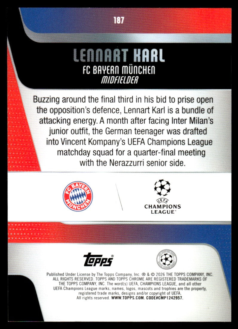 2026 Topps Chrome #187 Lennart Karl Gold Mini-Diamond Rookie /275
