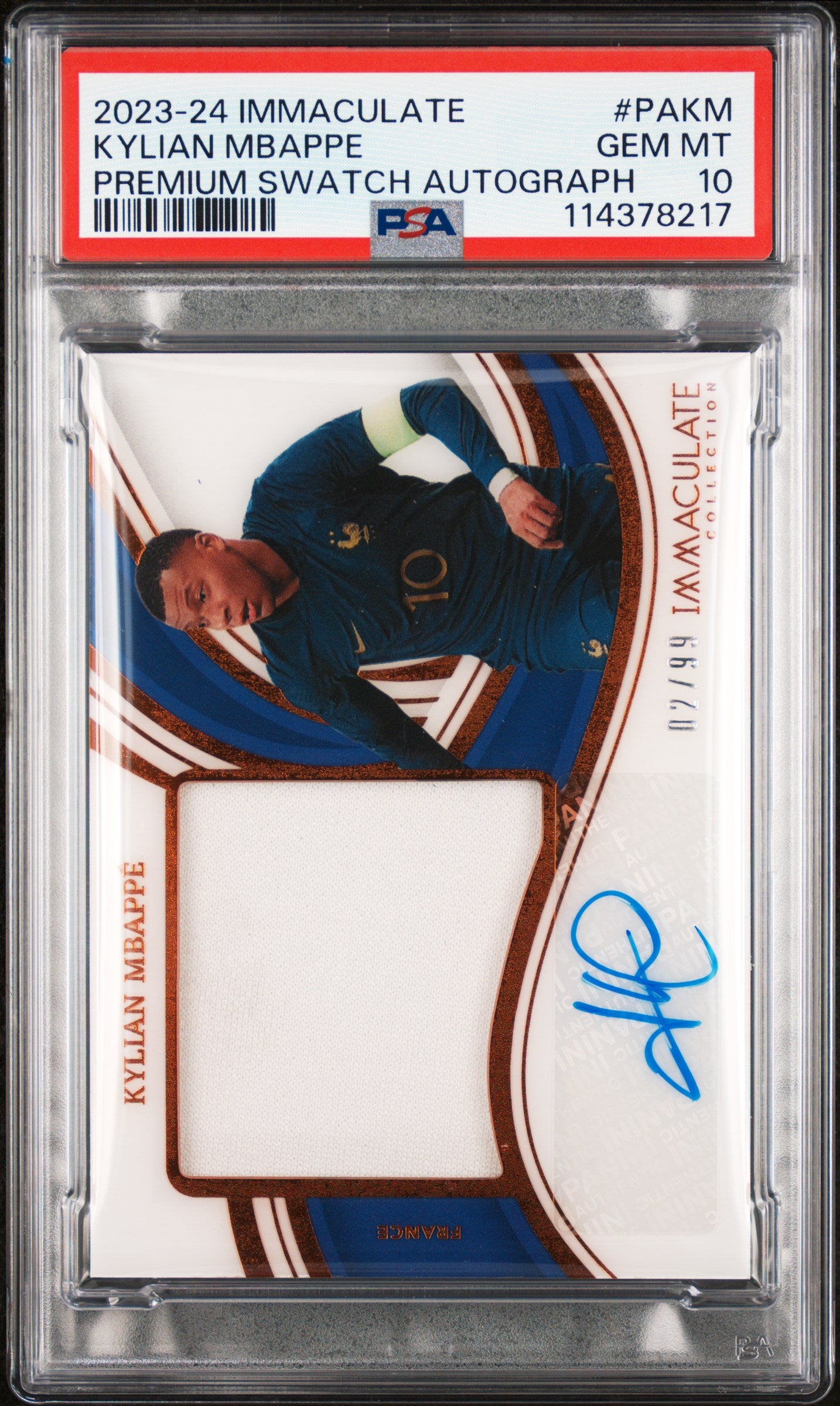 2023 Immaculate #PA-KM Kylian Mbappe Premium Swatch Autographs /99 Auto PSA 10