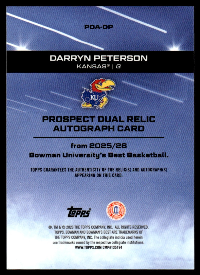 2026 Bowman U Best #PDA-DP Darryn Peterson Patch Auto /75