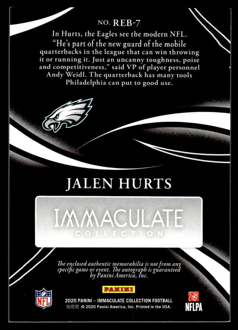 2020 Immaculate #REB-7 Jalen Hurts 22/25 Auto Patch Eye Black