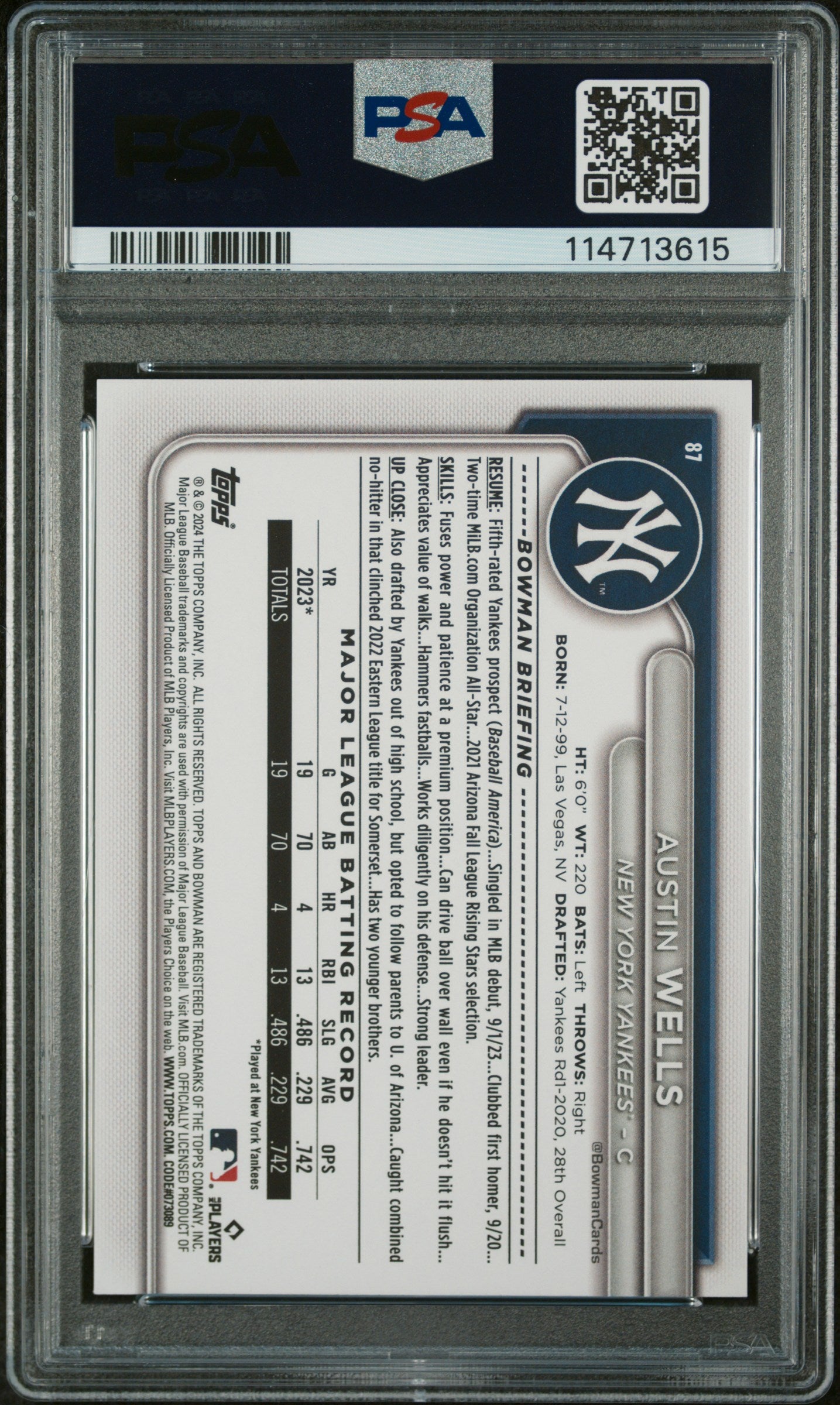 2024 Topps Bowman Austin Wells #87 RC PSA 10
