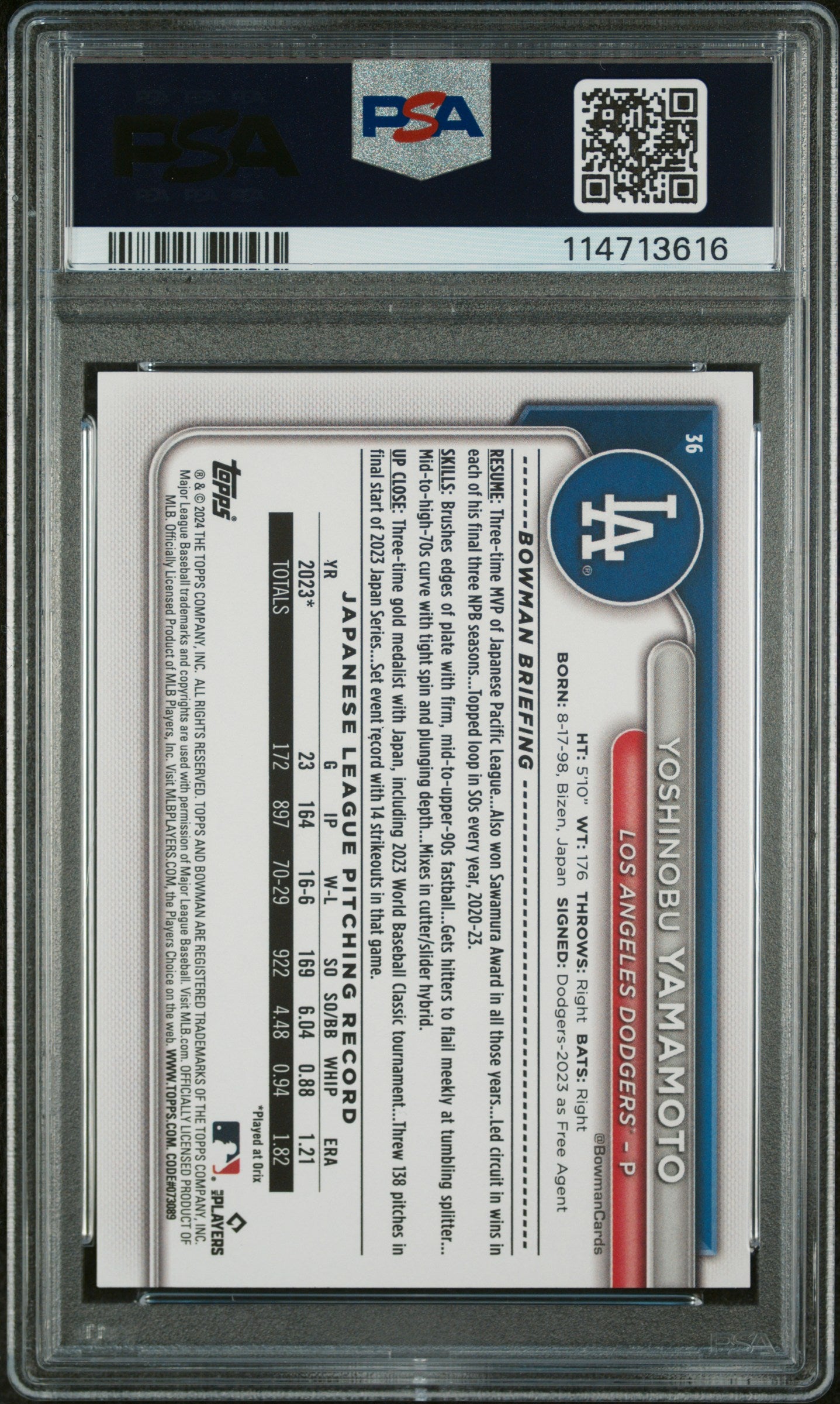2024 Topps Bowman Yoshinobu Yamamoto #36 RC PSA 10