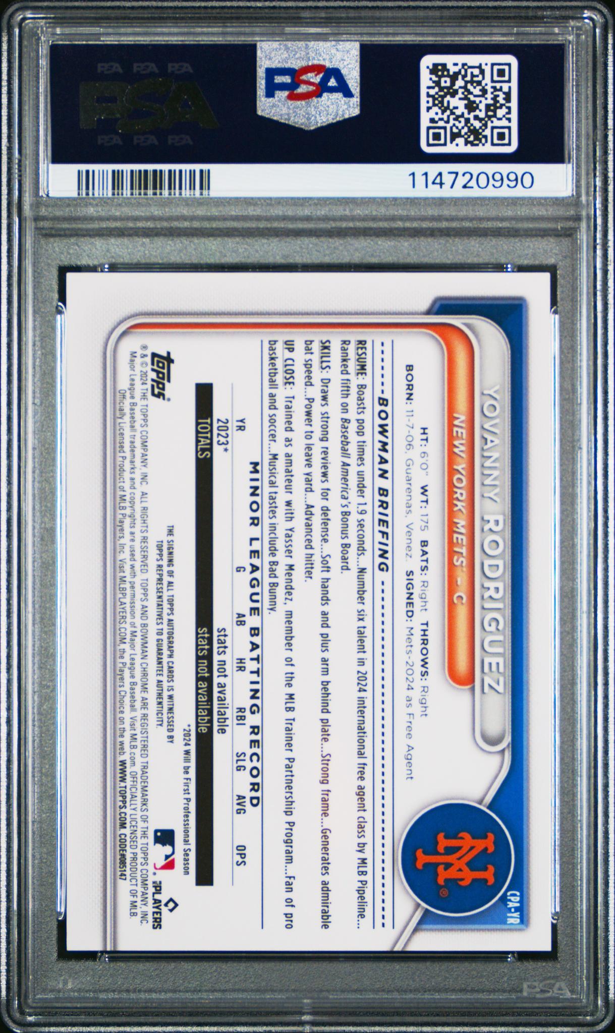 2024 Chrome Prospect Autographs Green Reptilian Refractors Yovanny Rodriguez #CPAYR /99 PSA 10