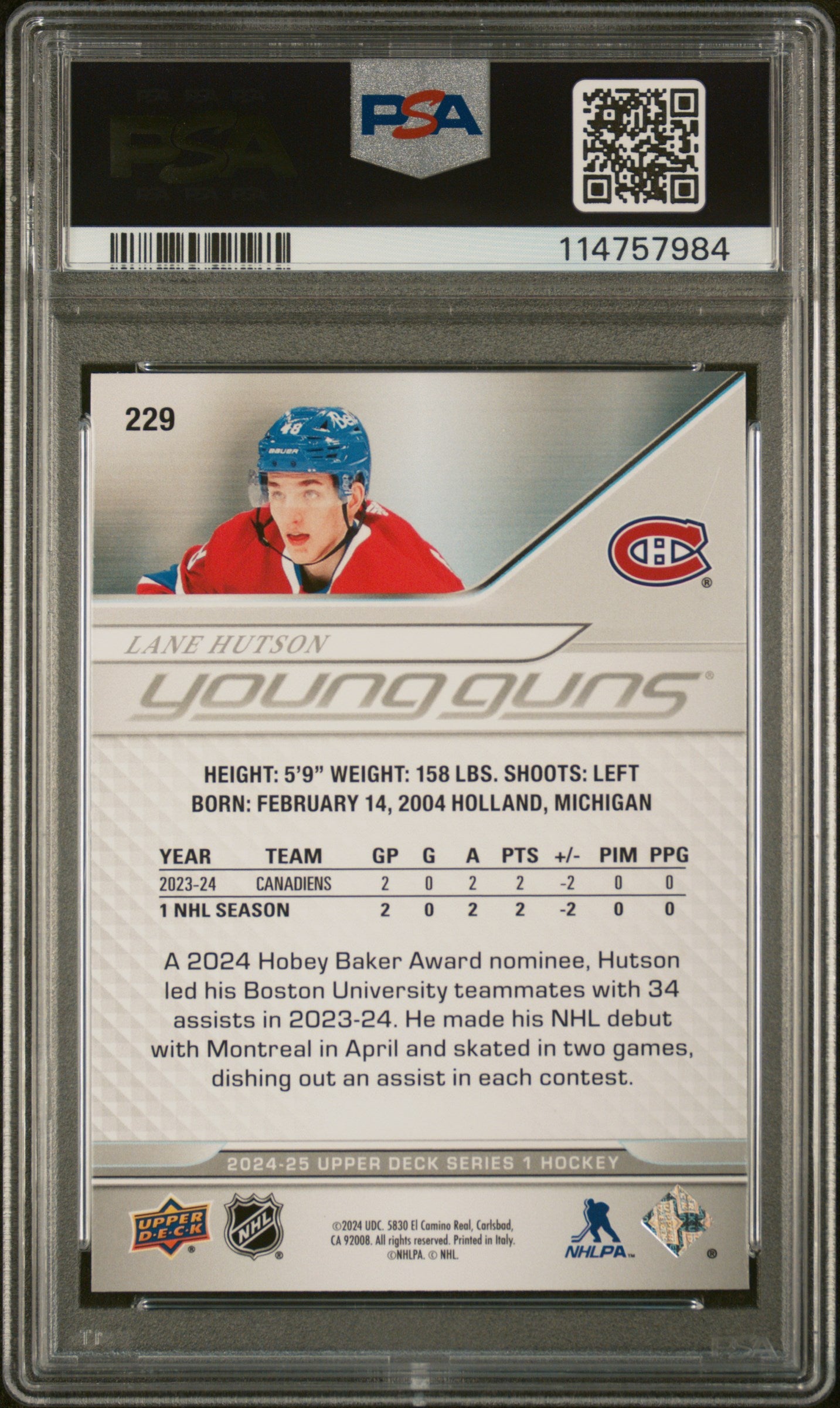 2024 Upper Deck Series 1 Young Guns Lane Hutson #229 RC PSA 10