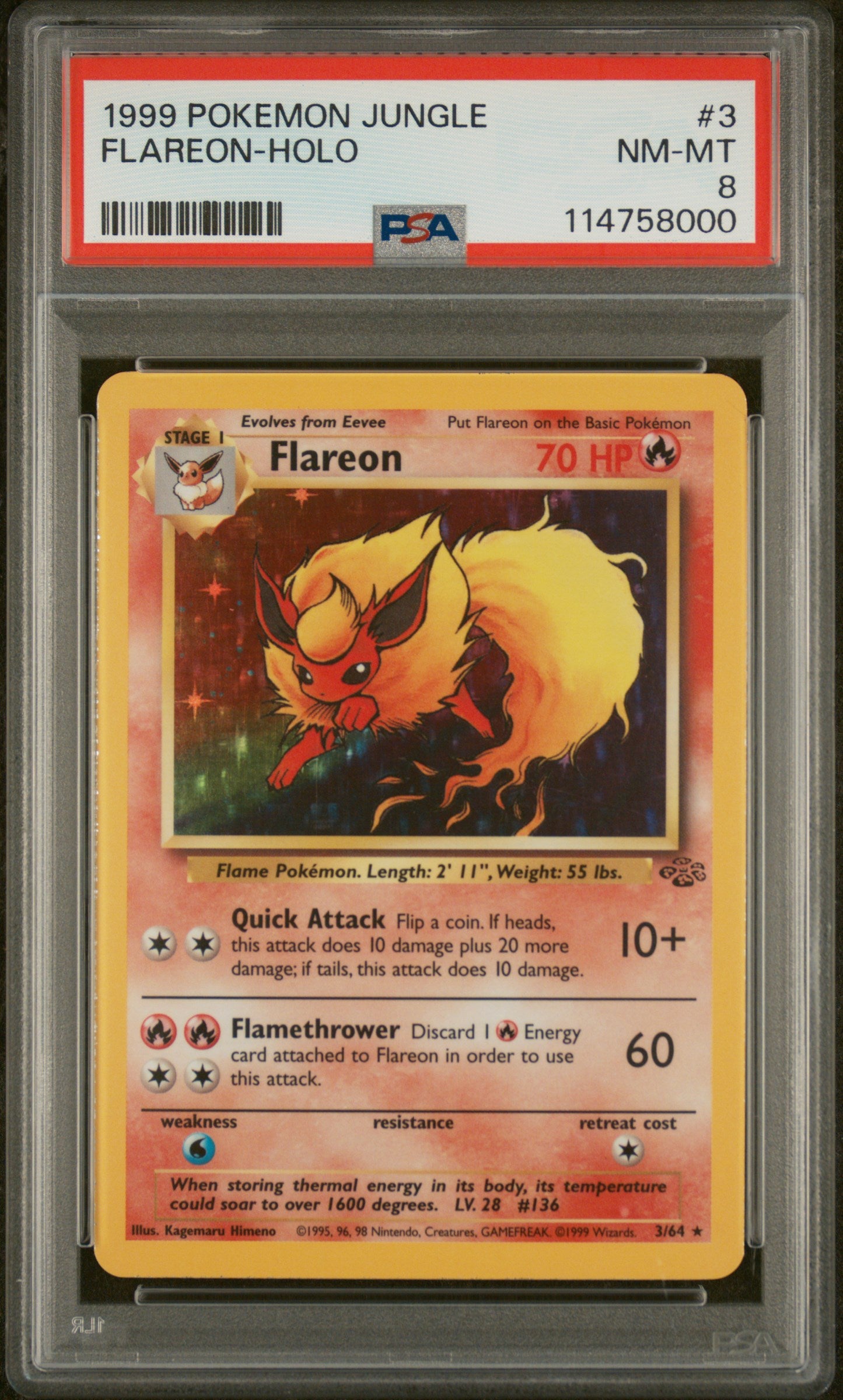 1999 Pokémon Jungle Flareon #3/64 Holo PSA 8