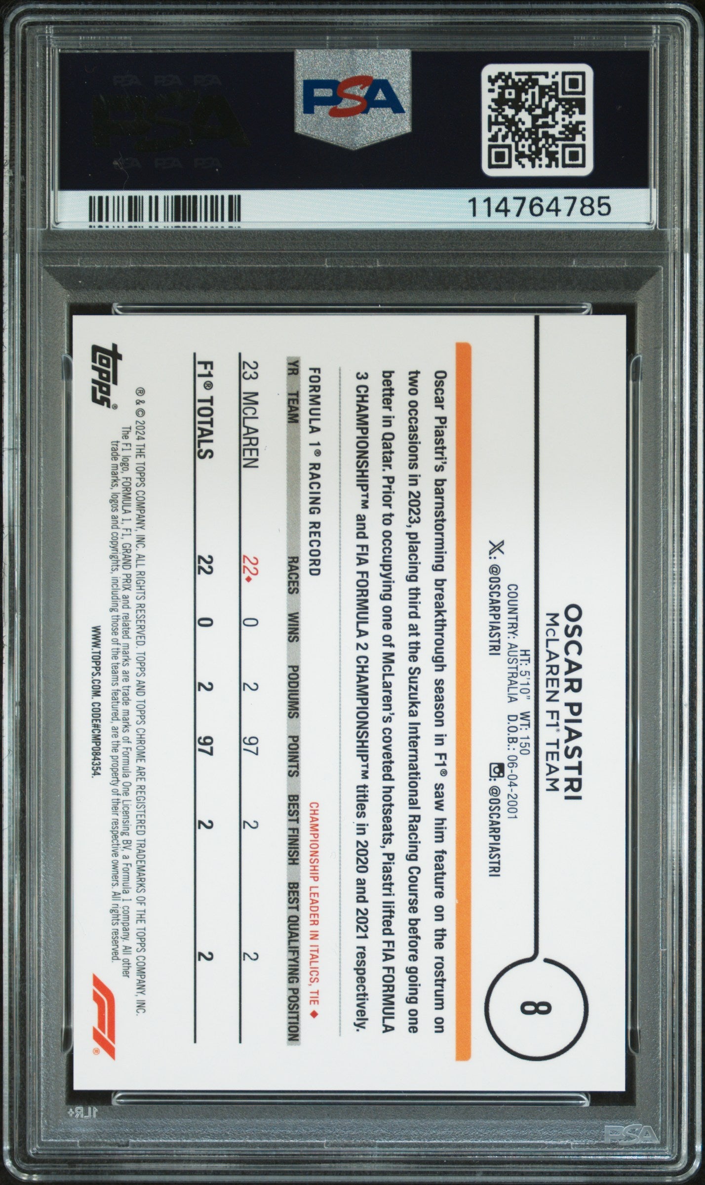 2024 Chrome #8 Oscar Piastri Sapphire Edition F1 /25 PSA 10