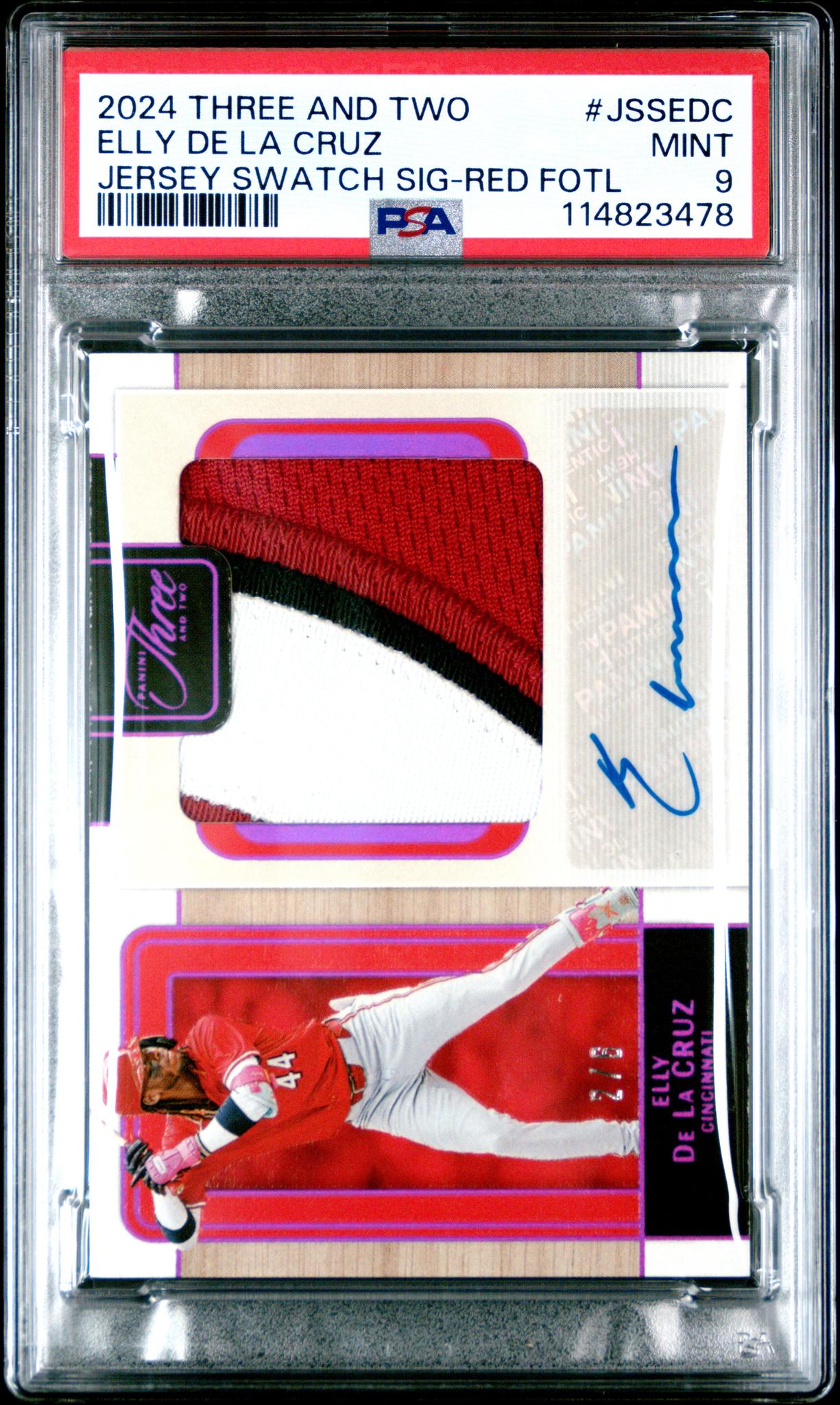 2024 Three and Two #JSS-EDC Elly De La Cruz Jersey Swatch Signatures /3 PSA 9