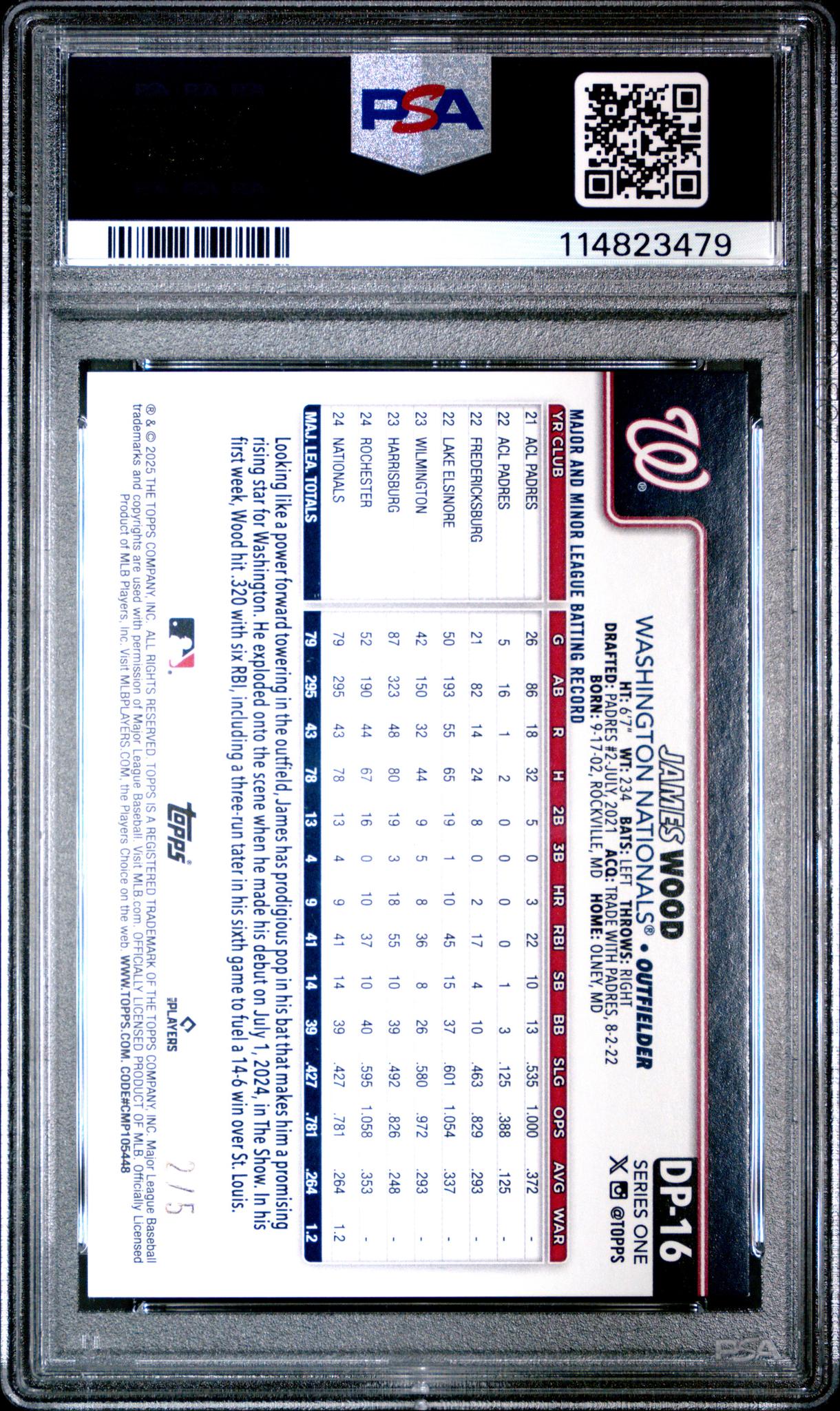 2025 Topps Celebration Dugout Peeks Red James Wood #DP-16 RC /5 PSA 9