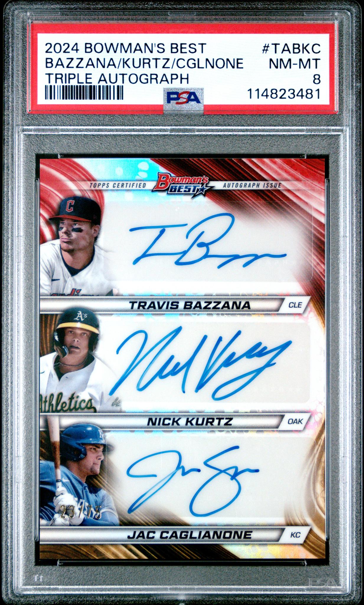 2024 Topps Bowman's Best Triple Autograph Bazzana/Kurtz/Caglianone #TA-BKC PSA 8