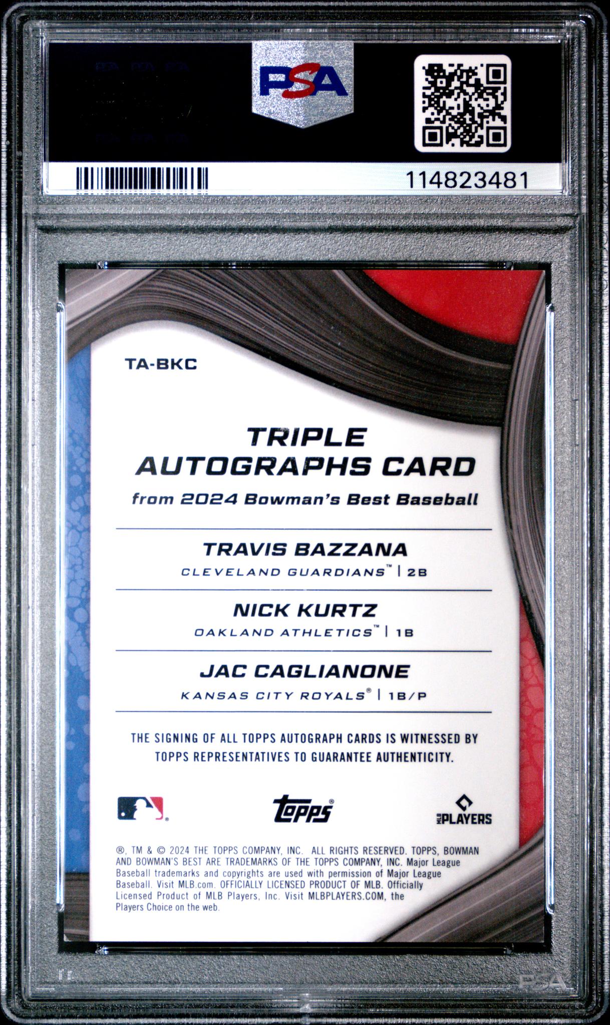 2024 Topps Bowman's Best Triple Autograph Bazzana/Kurtz/Caglianone #TA-BKC PSA 8