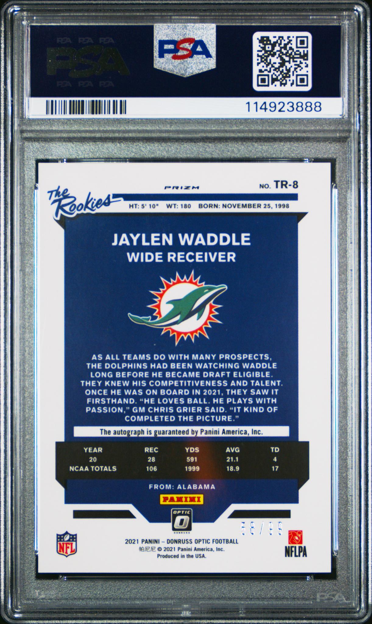 2021 Panini Donruss Optic The Rookies Prizm Jaylen Waddle #TR-8 Auto /99 PSA 10
