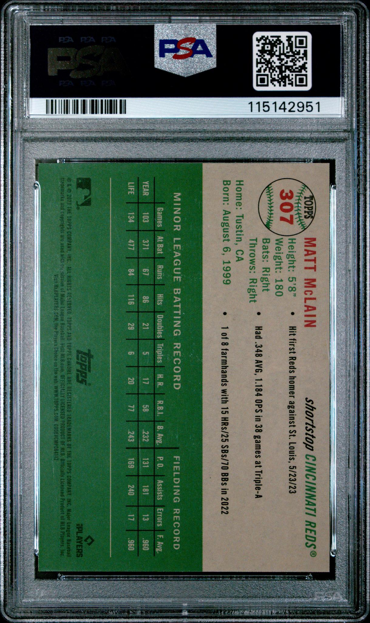 2023 Topps Chrome Platinum Anniv Superfractor Matt McLain #307 RC 1/1 PSA 9