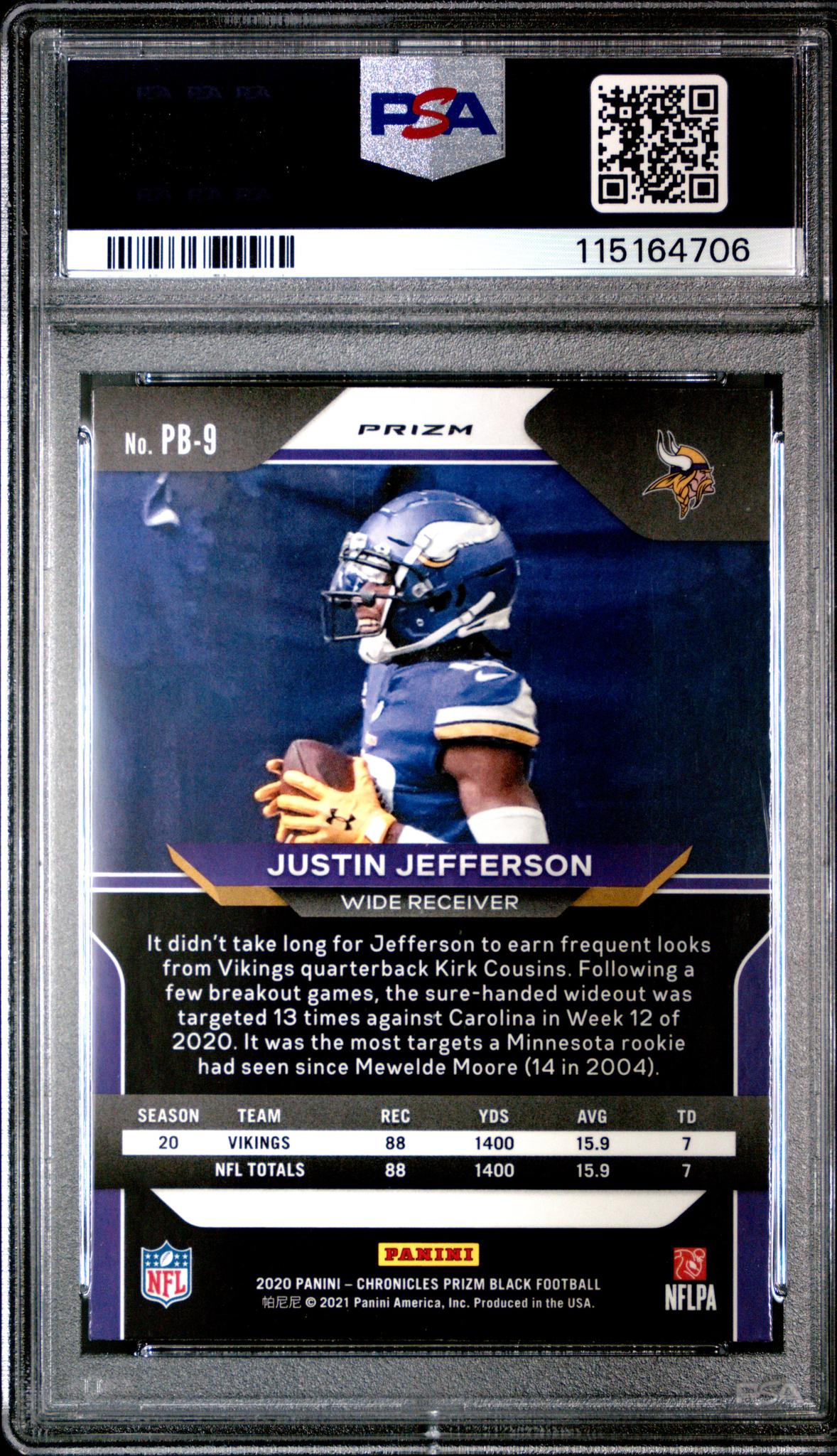 2020 Panini Chronicles Prizm Black Silver Justin Jefferson #PB9 RC PSA 9