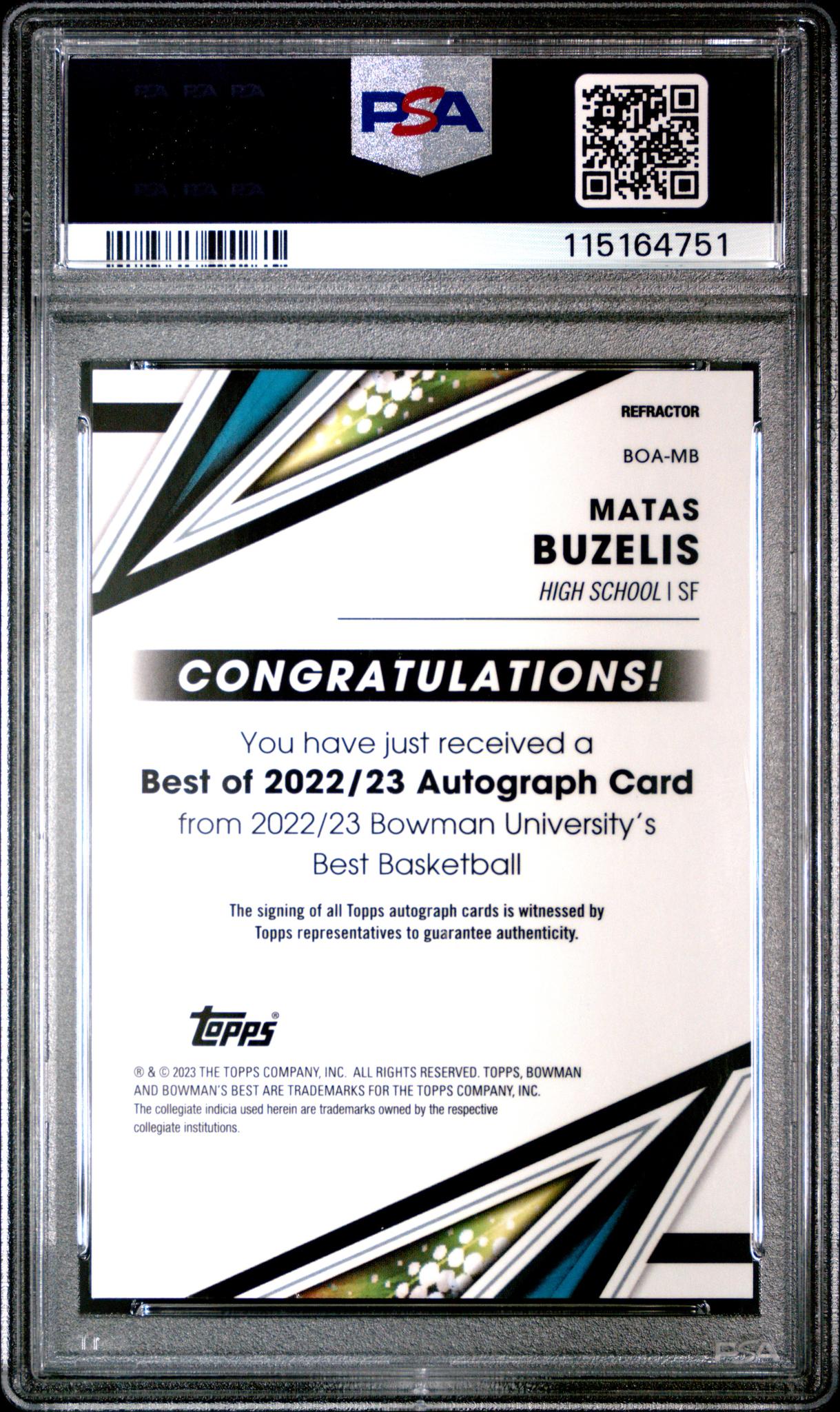 2022 Bowman Univ Best Best of 2022 Refractor Matas Buzelis #BOA-MB Auto PSA 8