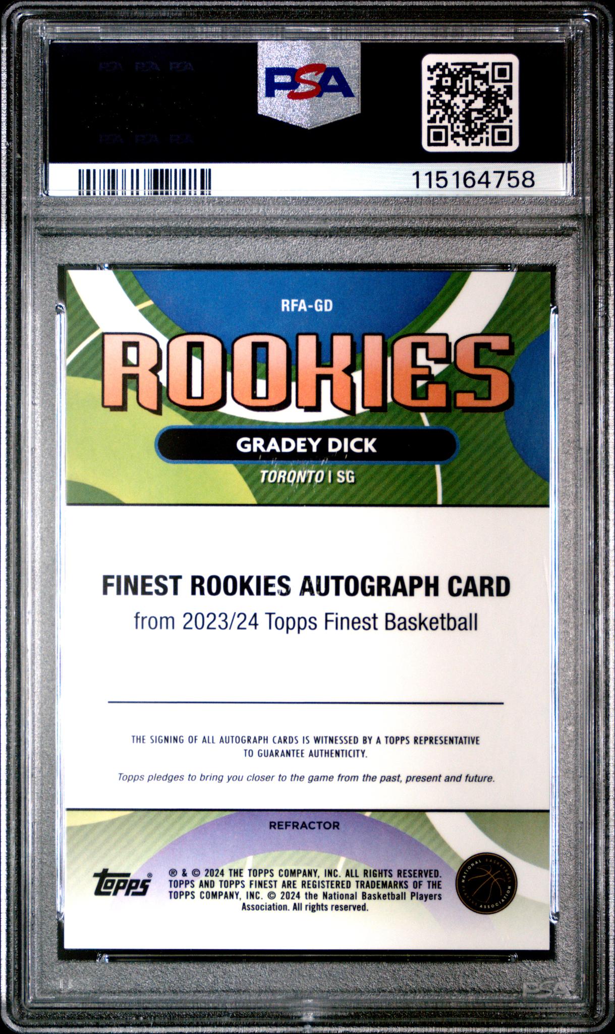 2023 Topps Finest Rookie Finest Refractor Gradey Dick #RFA-GD RC Auto PSA 9