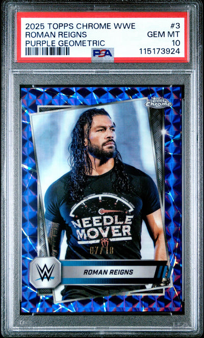 2025 Topps Chrome WWE Roman Reigns #3 Purple Geometric /10 PSA 10