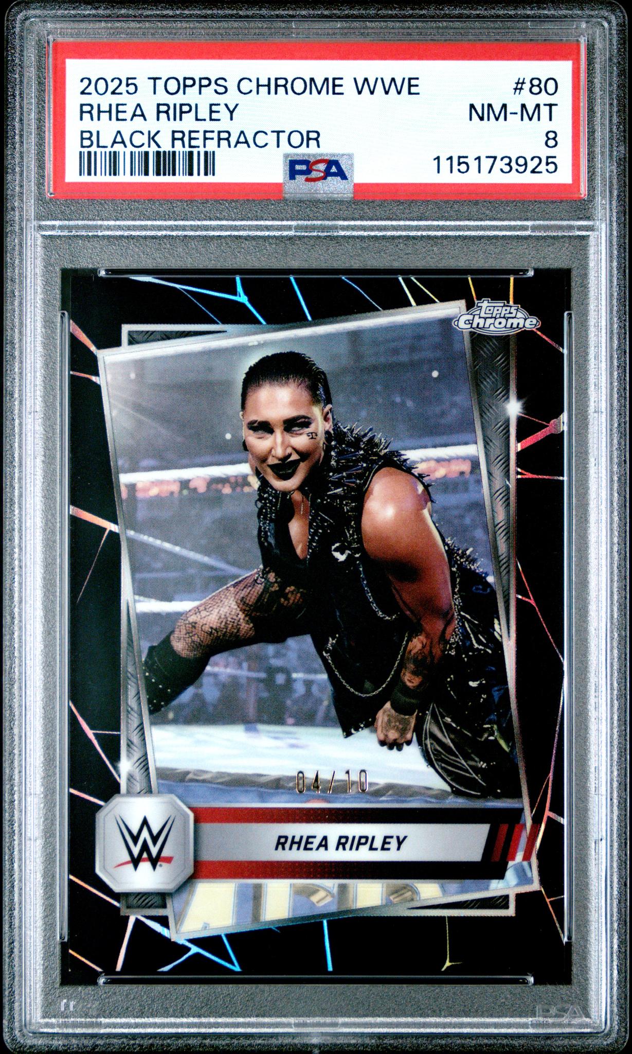 2025 Topps Chrome WWE Black Refractor Rhea Ripley #80 /10 PSA 8