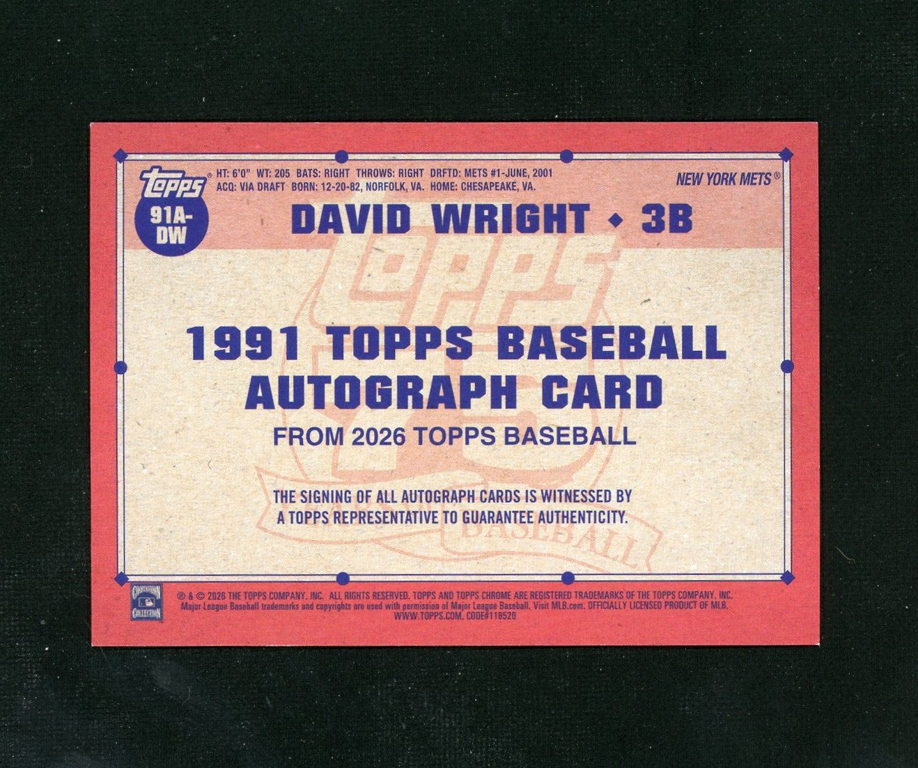 2026 Topps Series 1 #91A-DW David Wright Green Auto /99