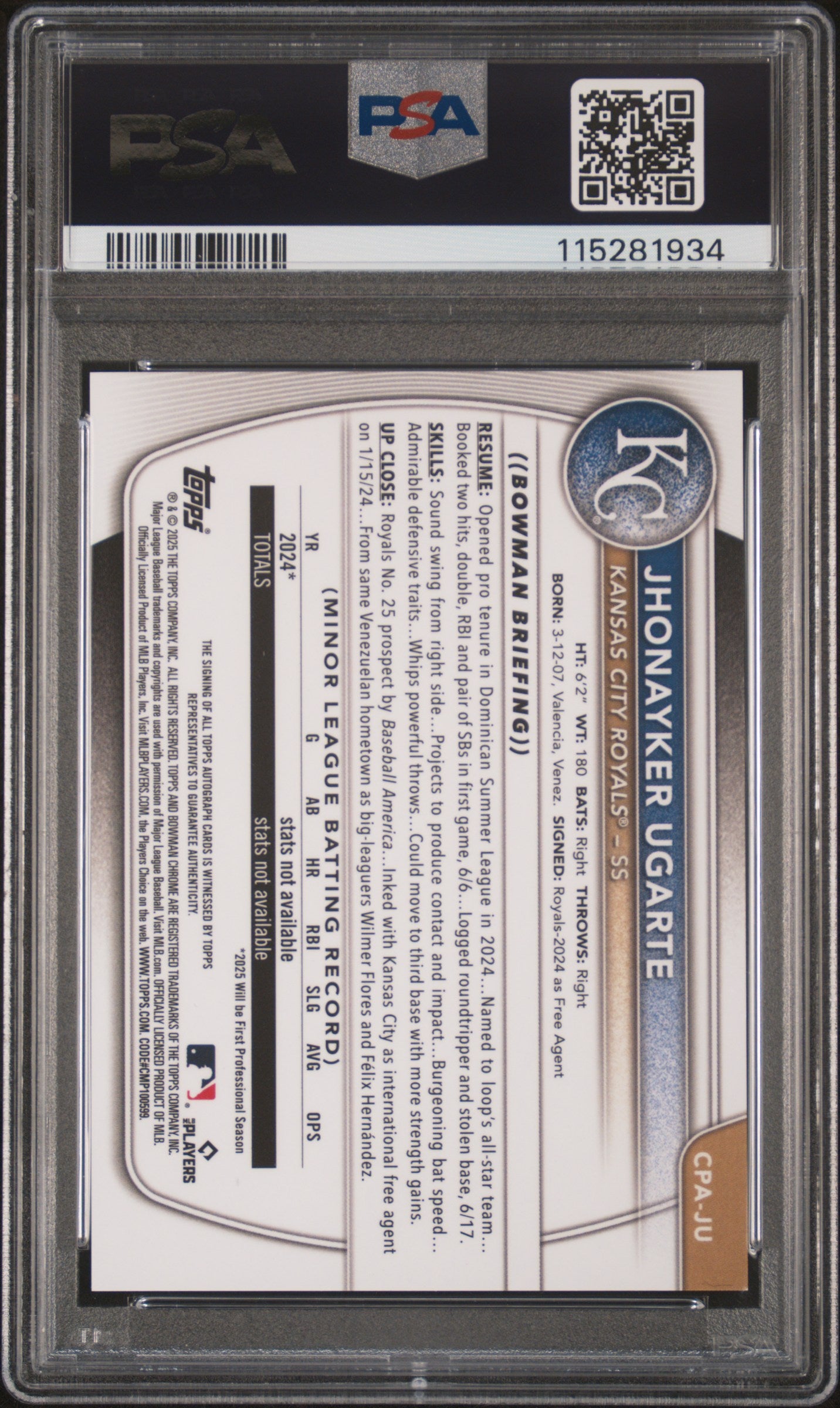2025 Bowman Chrome Gold Refractor Jhonayker Ugarte #CPA-JU Auto /50 PSA 9
