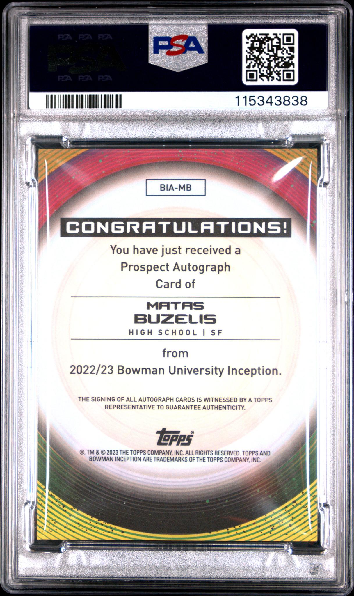 2022 Bowman U Inception #MB Matas Buzelis PSA 9