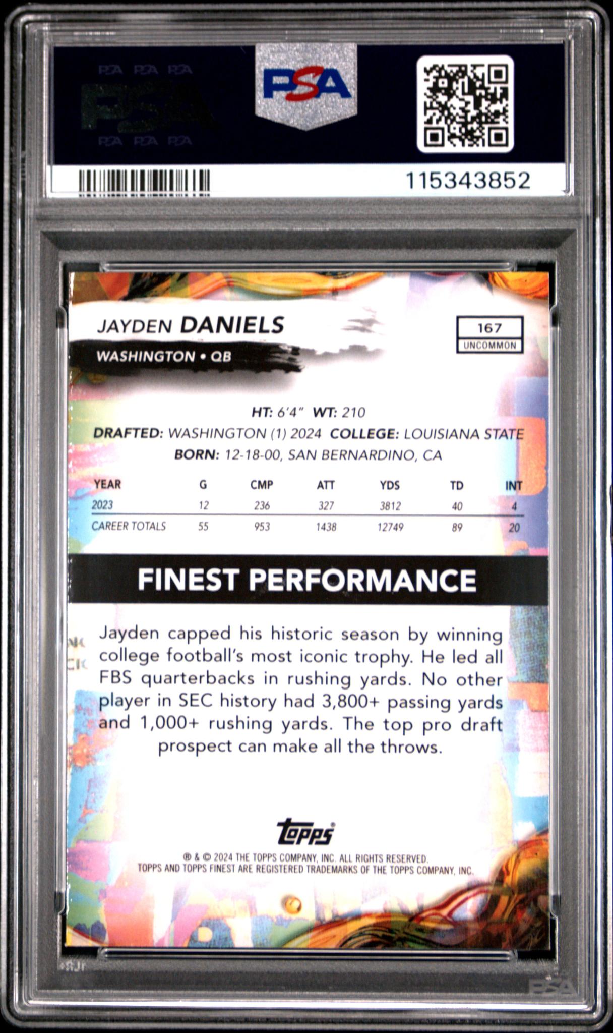 2024 Topps Finest Sky Blue Refractor Jayden Daniels #167 RC /250 PSA 9