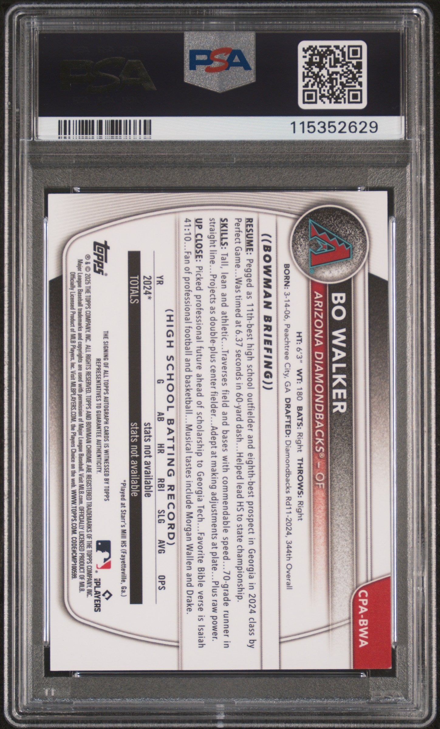 2025 Bowman Chrome Gold Lava Bo Walker #CPA-BWA Auto /50 PSA 8