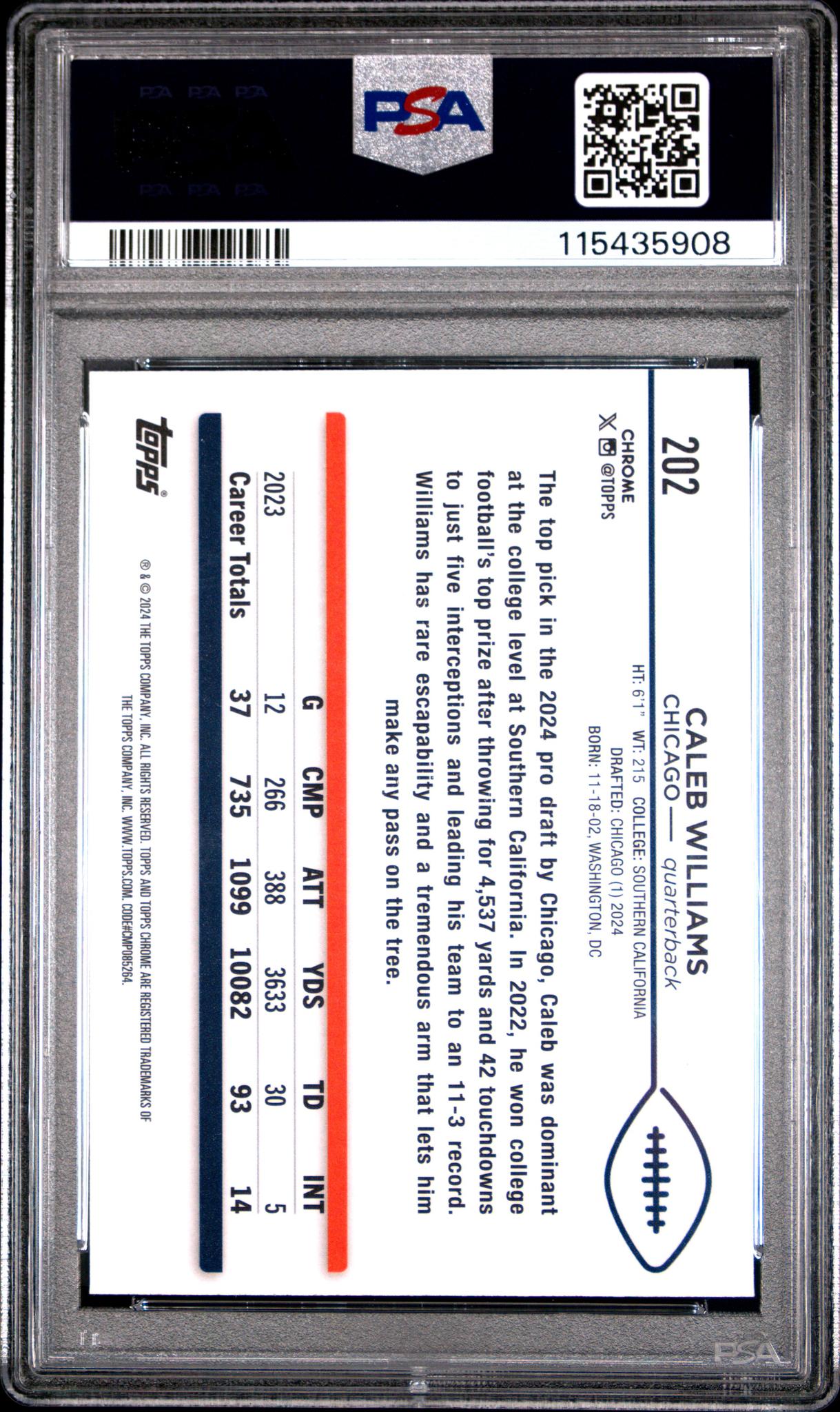 2024 Topps Chrome Caleb Williams #202 RC PSA 10