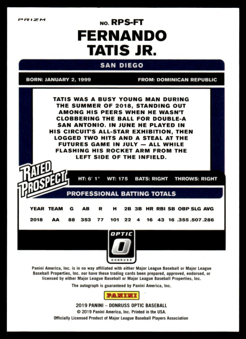 2019 Donruss Optic Fernando Tatis Jr. Rated Rookie Silver Holo RC Auto