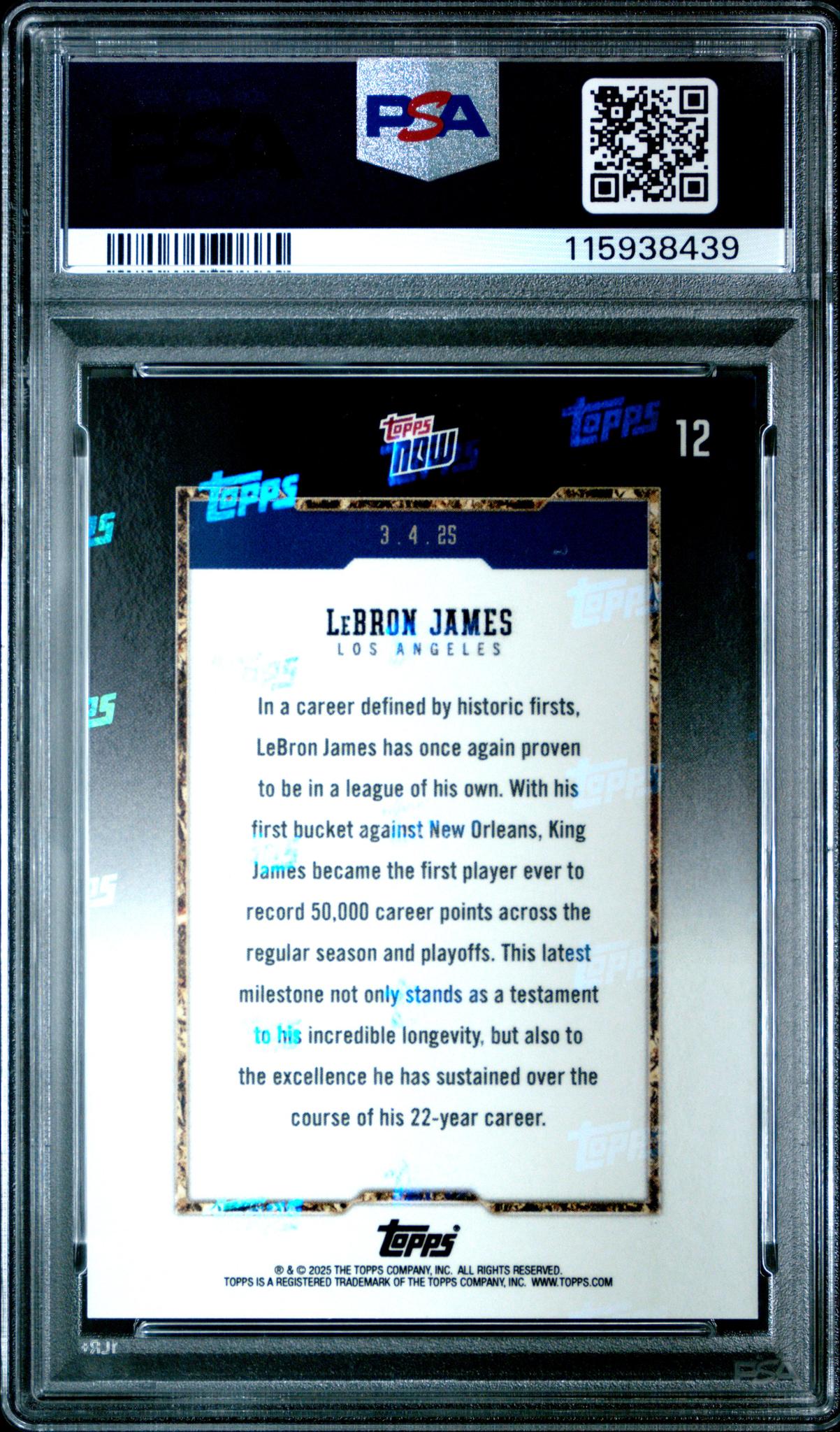 2024 Topps Now 50k Career Points LeBron James #12 /157982 PSA 10
