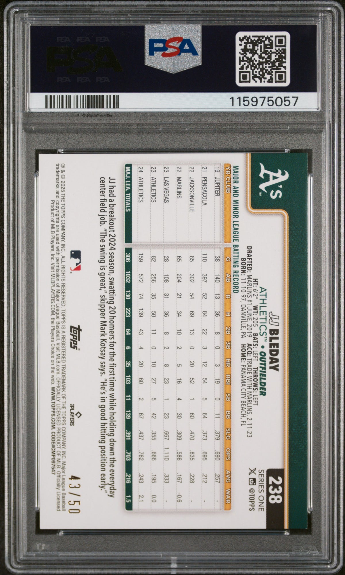 2025 Topps Gold Diamante Foil JJ Bleday #238 PSA 9