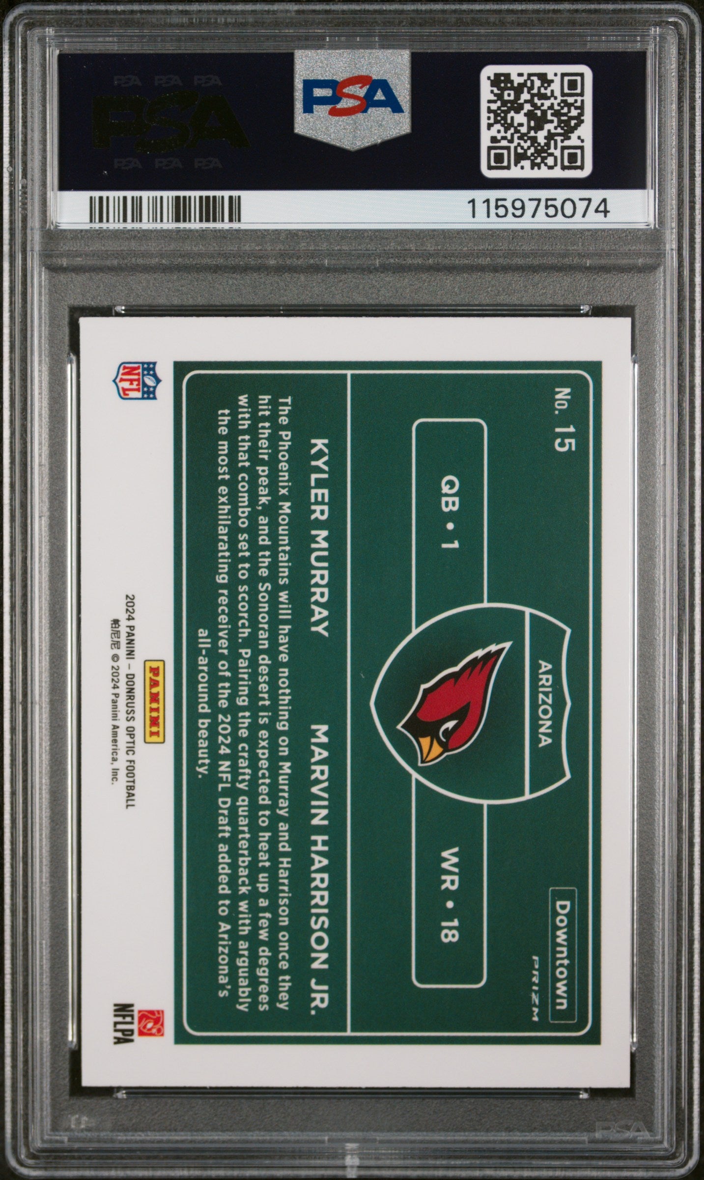2024 Donruss Optic #15 Kyler Murray Marvin Harrison Jr. Downtown Duos PSA 10