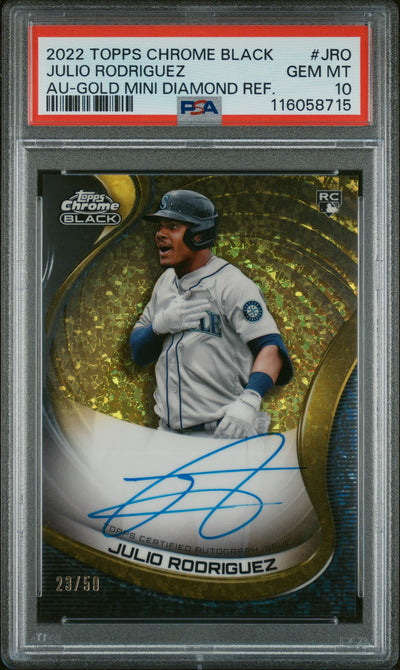 2022 Topps Chrome Black Julio Rodriguez #JRO Gold Mini Diamond Refractor Auto /50 PSA 10