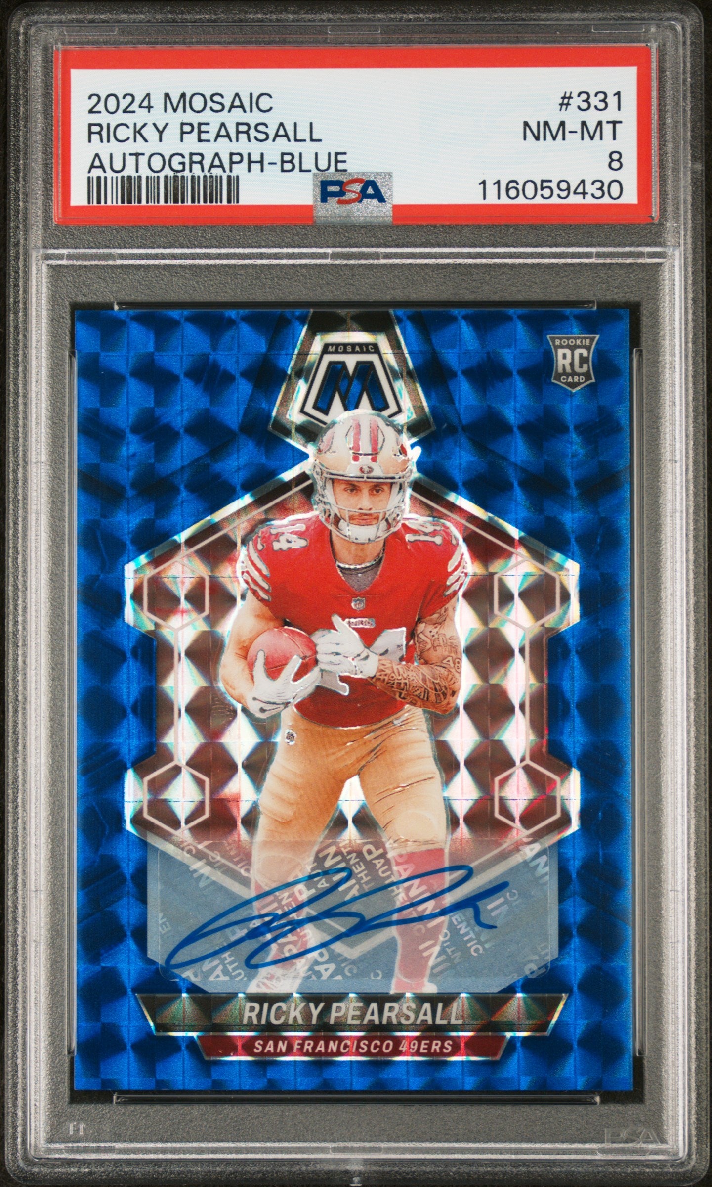 2024 Panini Mosaic Blue Ricky Pearsall #331 RC Auto /99 PSA 8
