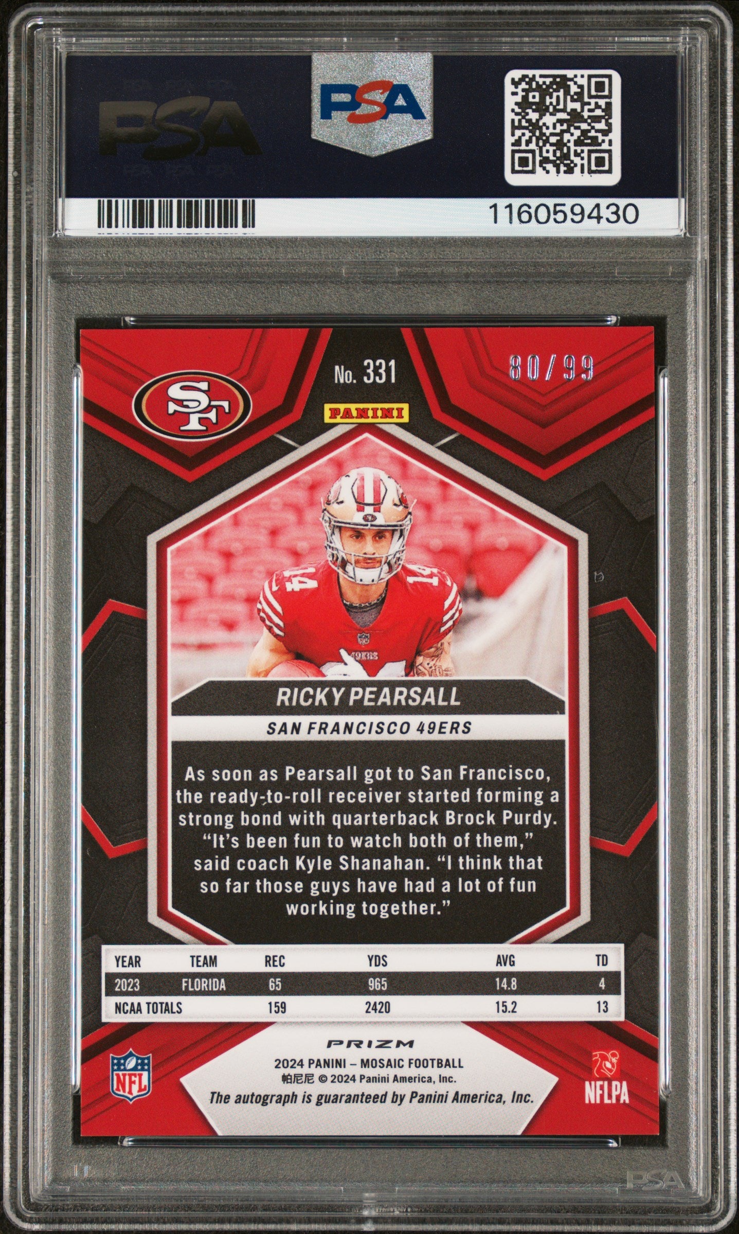 2024 Panini Mosaic Blue Ricky Pearsall #331 RC Auto /99 PSA 8