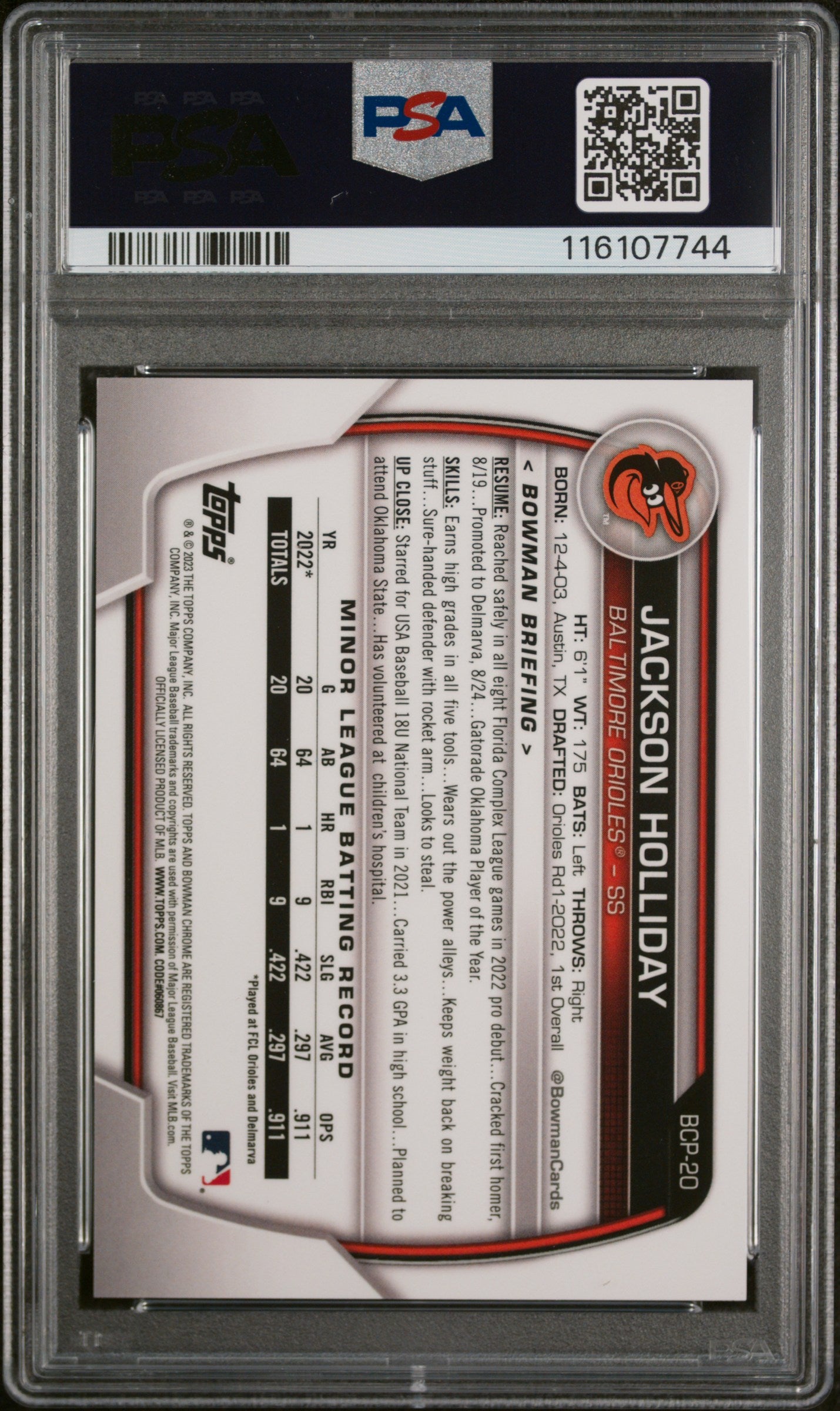 2023 Bowman Mega Box Chrome Purple Refractor Jackson Holliday #BCP-20 /250 PSA 9