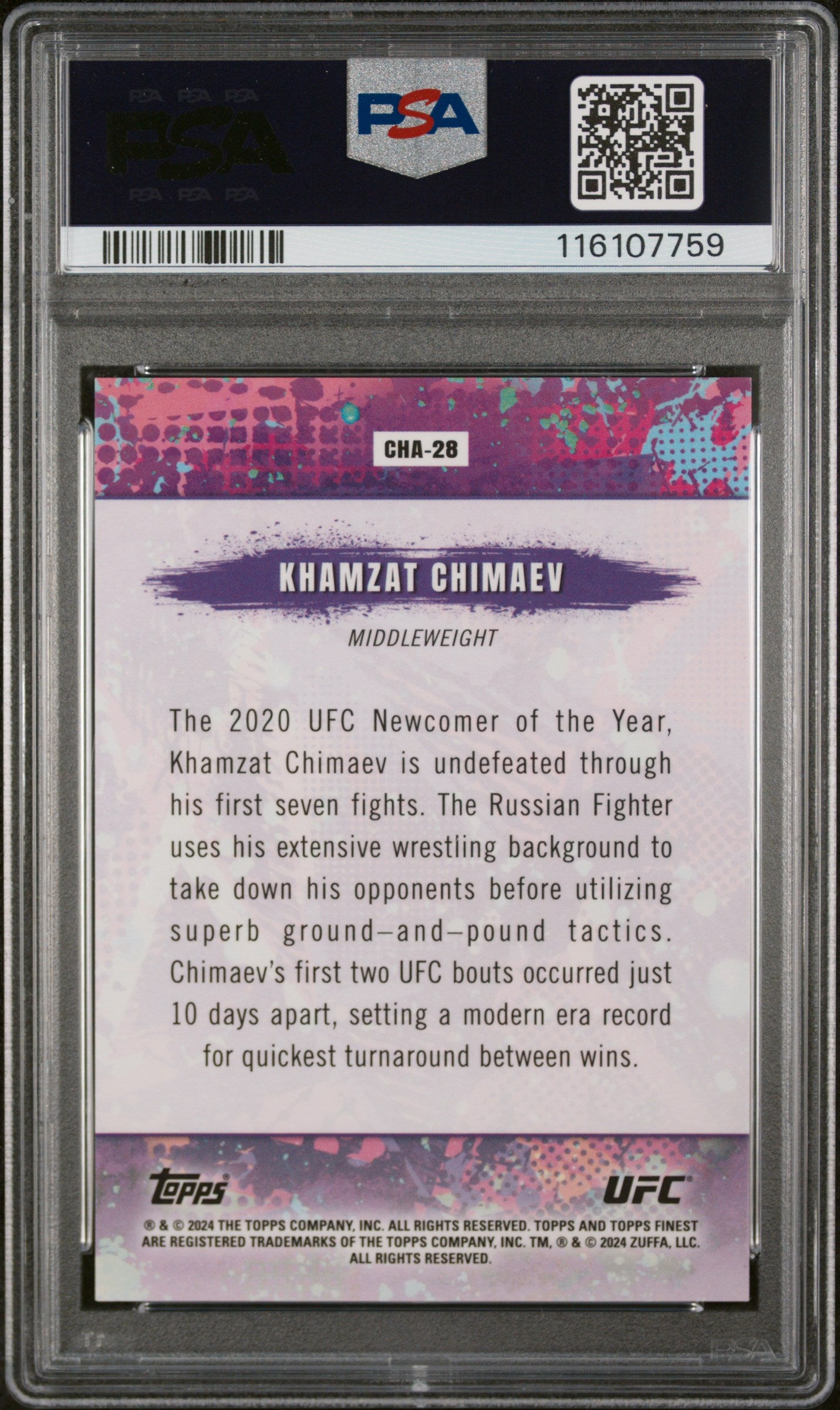 2024 Finest #CHA-28 Khamzat Chimaev Chaos-Tangerine Glitter /75 PSA 10