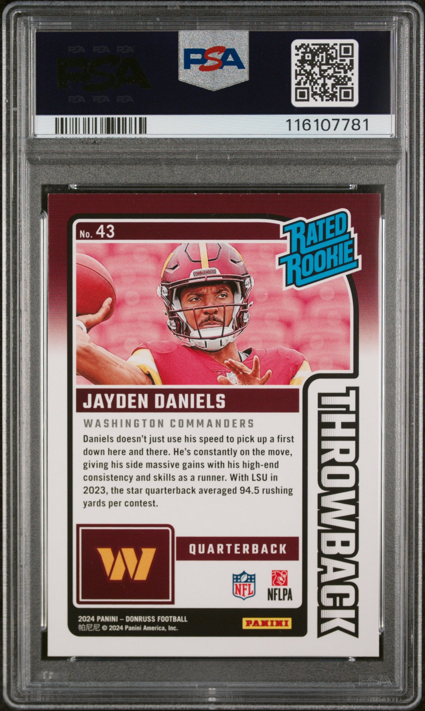 2024 Panini Donruss Rated Rookies Throwback Jayden Daniels #43 RC PSA 10