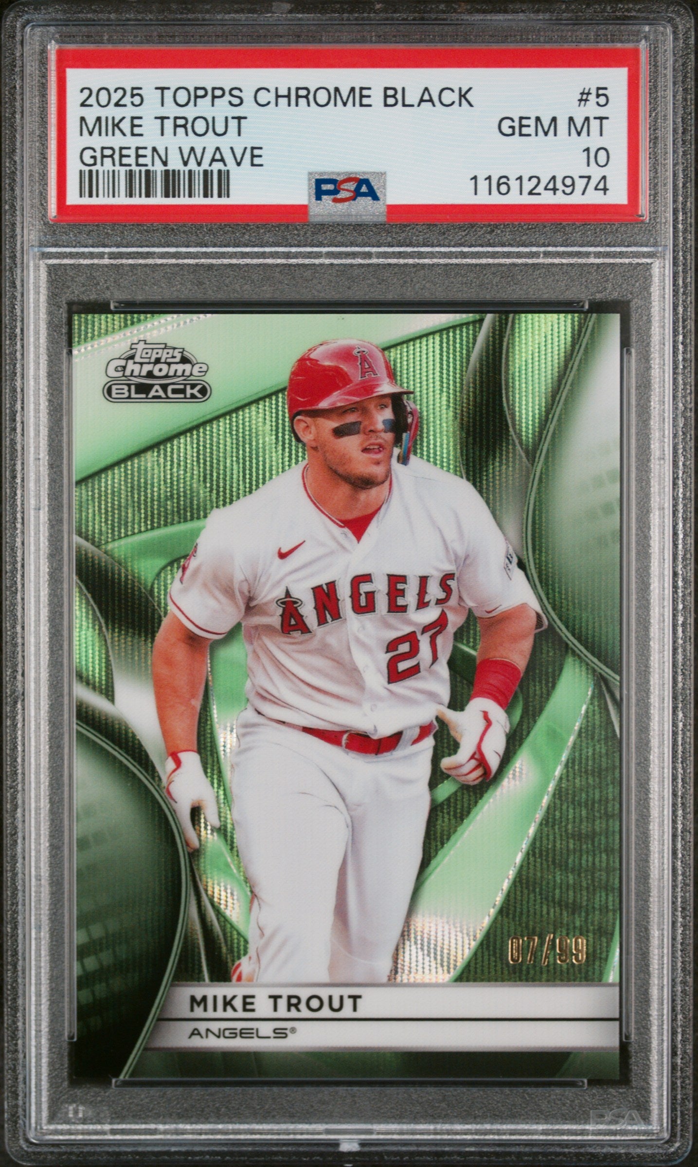 2025 Topps Chrome Black Green Wave Mike Trout #5 /99 PSA 10