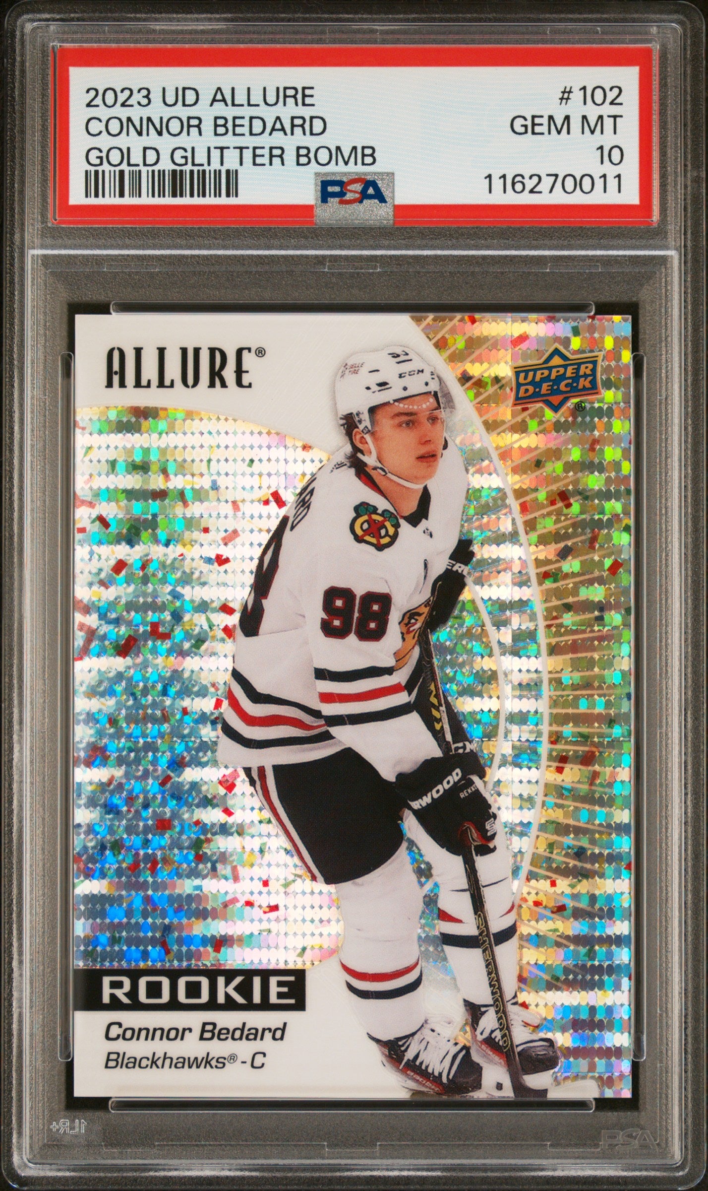2023 Upper Deck Allure Gold Glitter Bomb Connor Bedard #102 /199 PSA 10