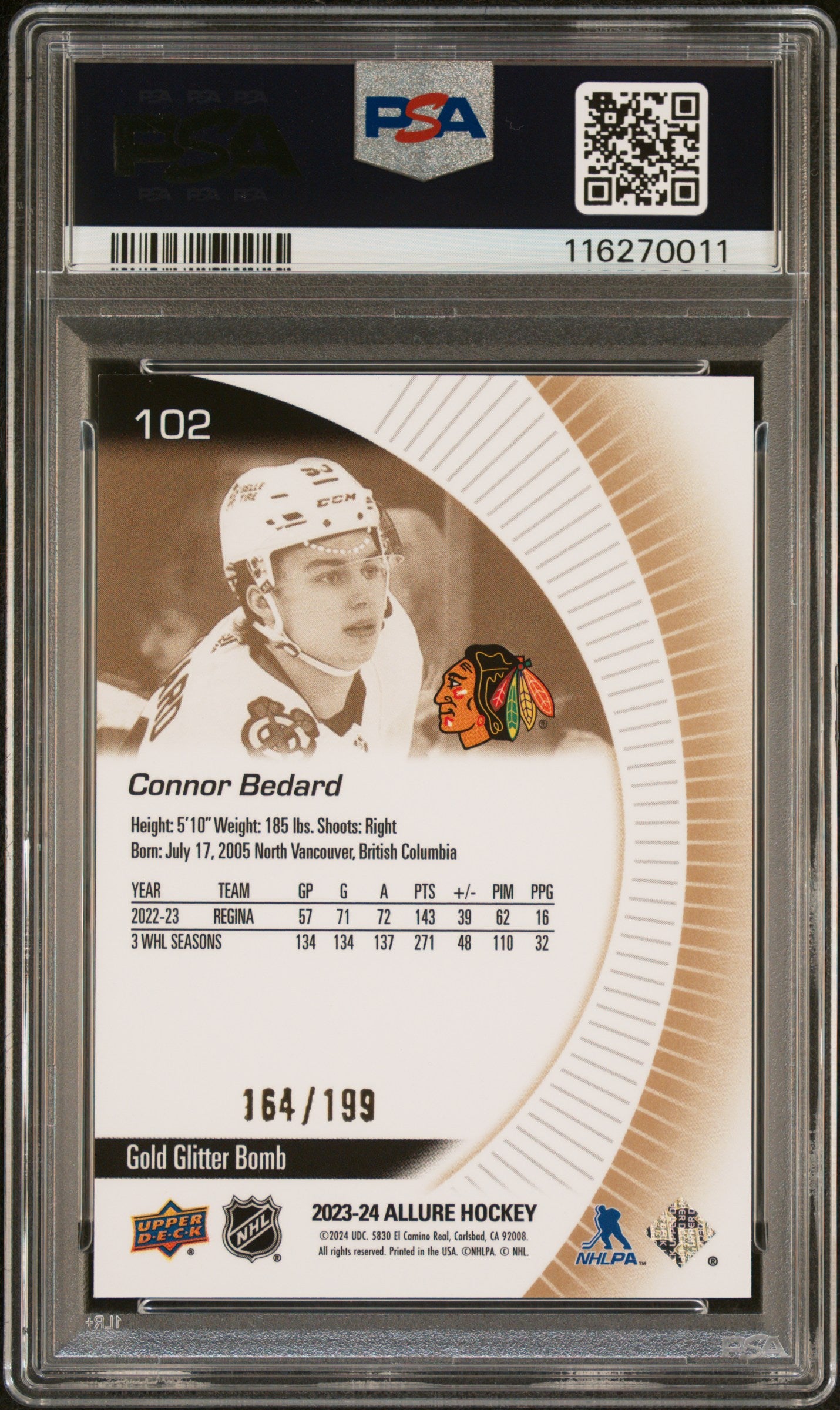 2023 Upper Deck Allure Gold Glitter Bomb Connor Bedard #102 /199 PSA 10