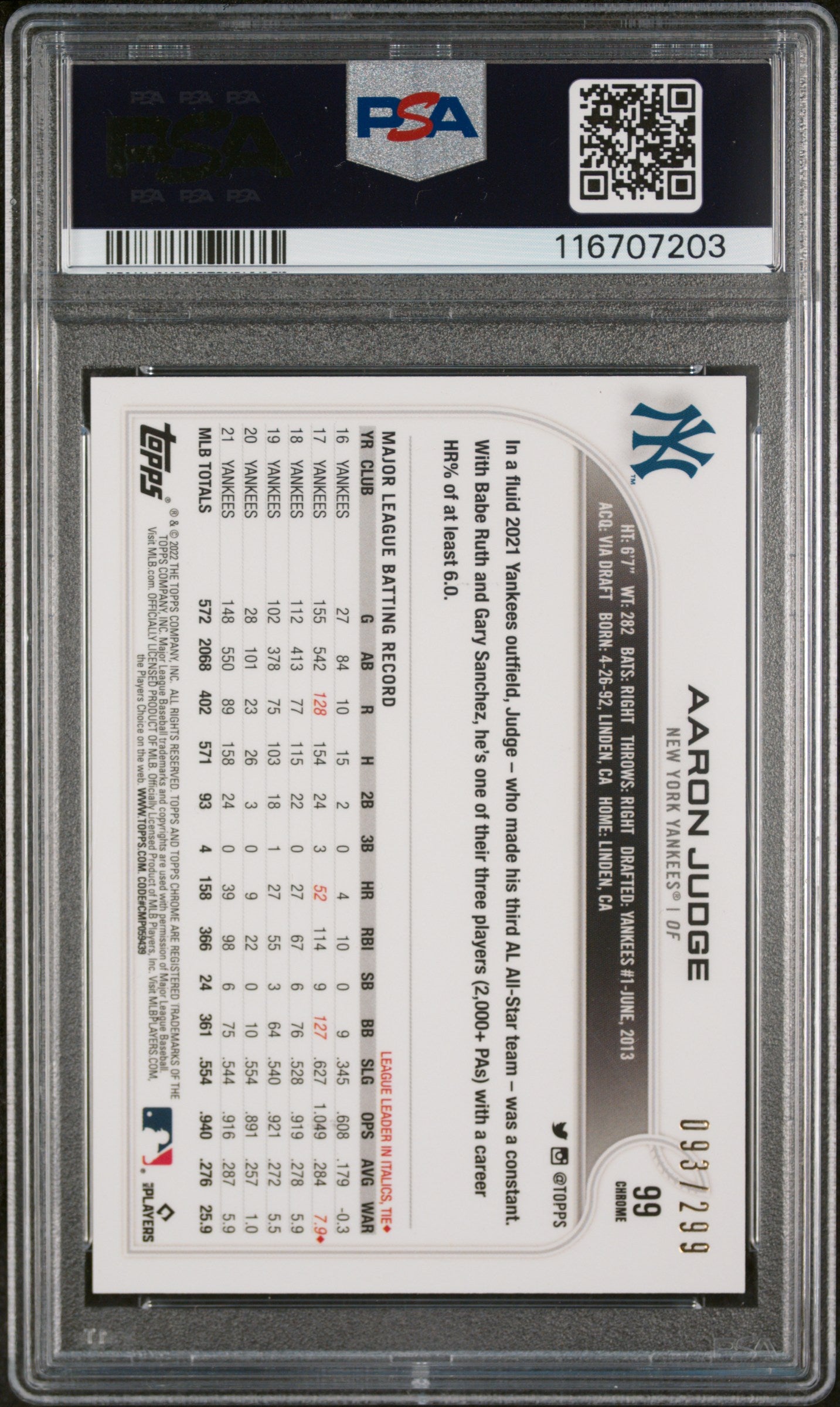 2022 Topps Chrome Sonic Purple/Yellow Sonic Ref Aaron Judge #99 /299 PSA 10