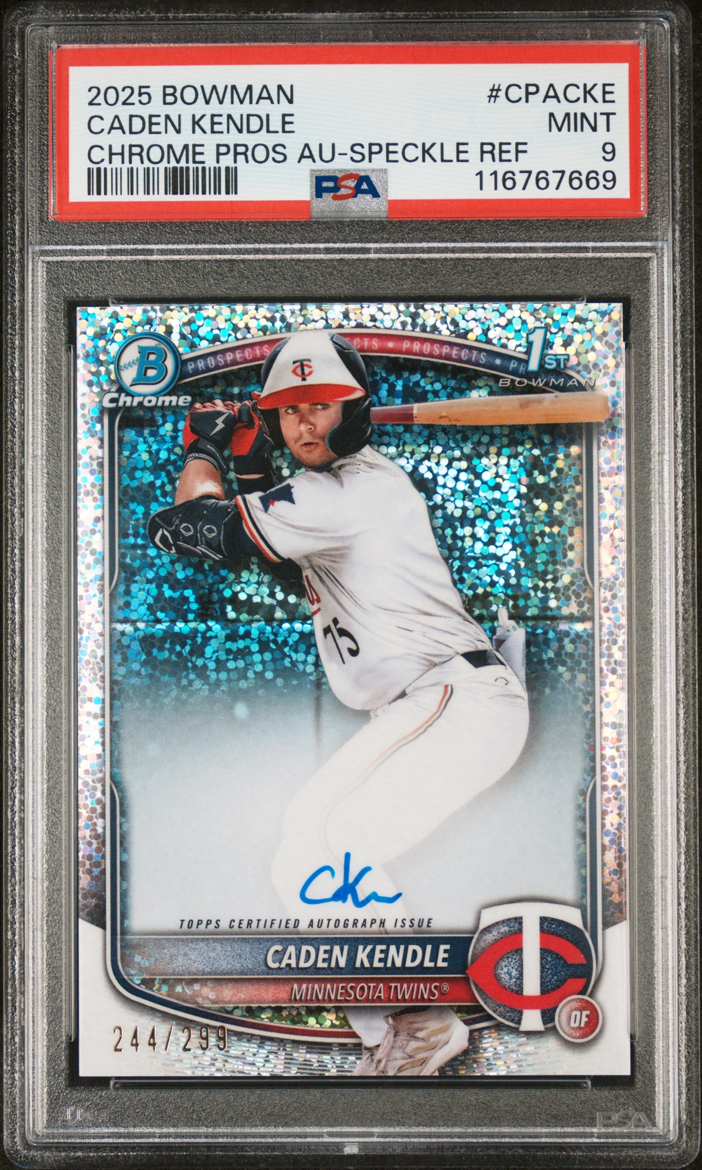2025 Bowman Chrome Prospect Autograph Speckle Refractor Caden Kendle #CPACKE /299 PSA 9