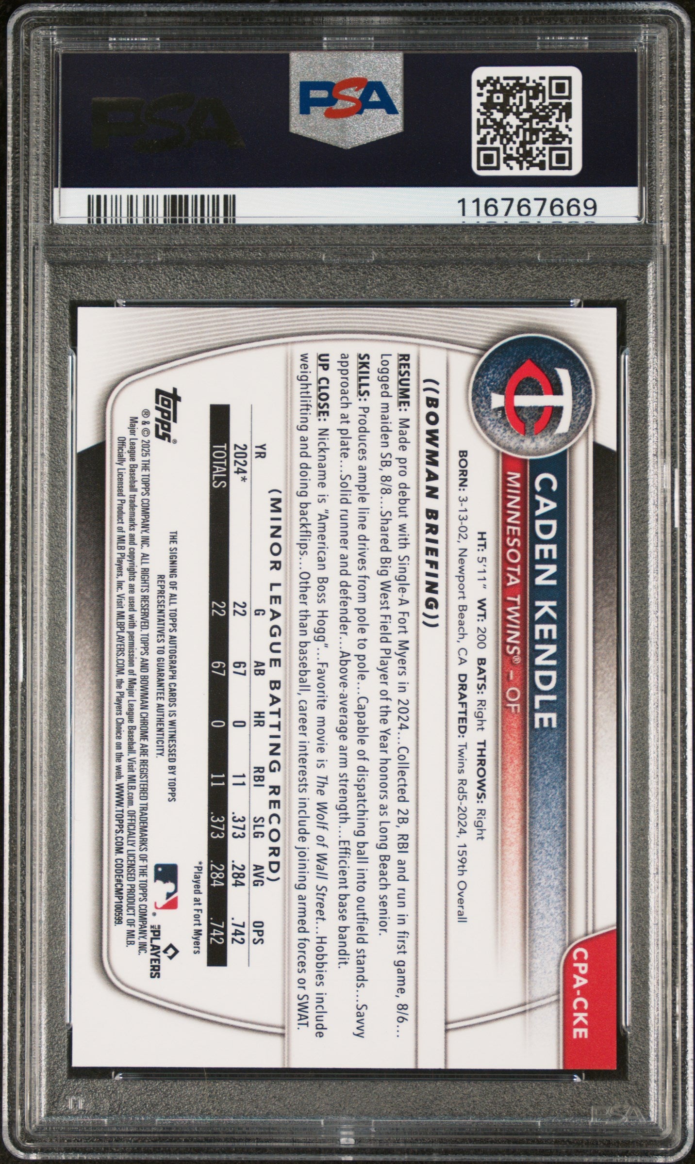 2025 Bowman Chrome Prospect Autograph Speckle Refractor Caden Kendle #CPACKE /299 PSA 9