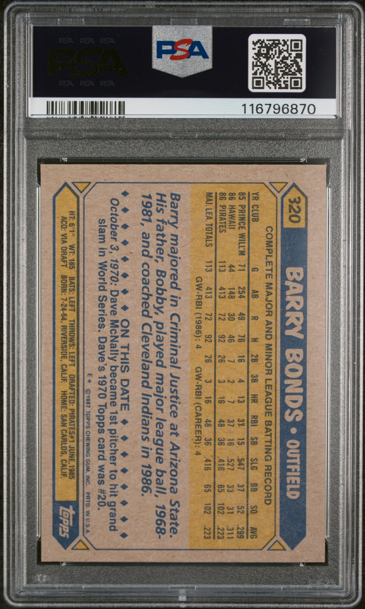 1987 Topps Barry Bonds #320 PSA 8