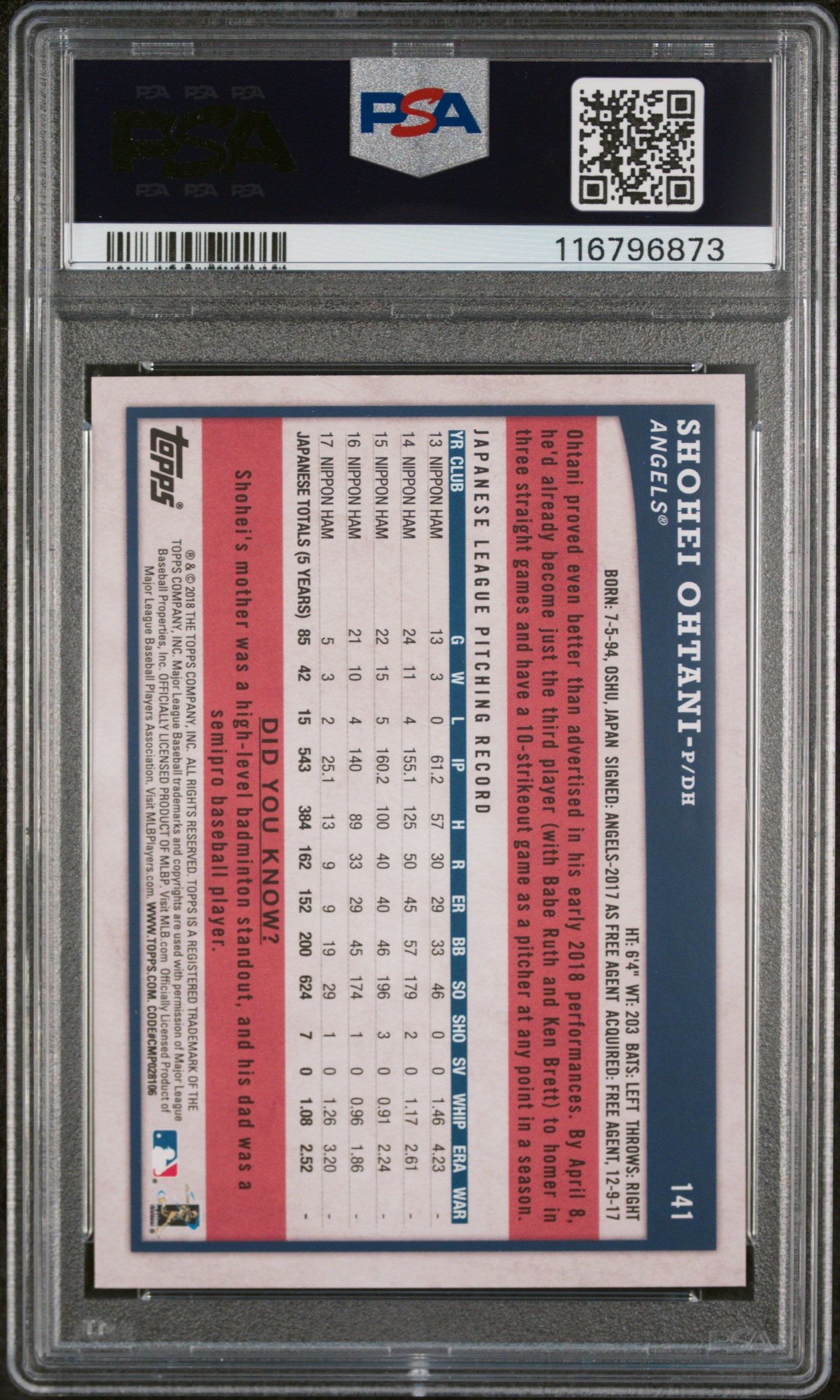 2018 Topps Big League Shohei Ohtani #141 RC PSA 9